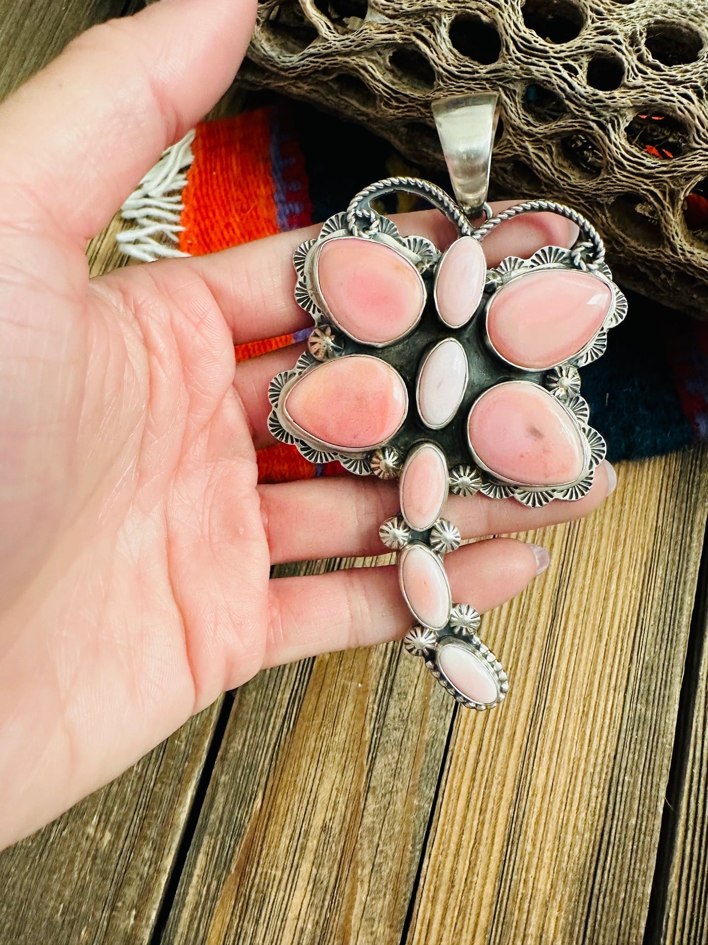 Navajo Queen Pink Conch & Sterling Silver Dragonfly Pendant By Tina Benally