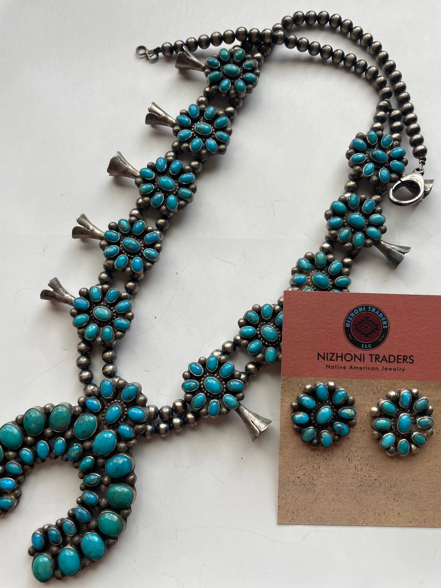 Navajo Royston Turquoise & Sterling Squash Blossom Set by Kathleen Chavez