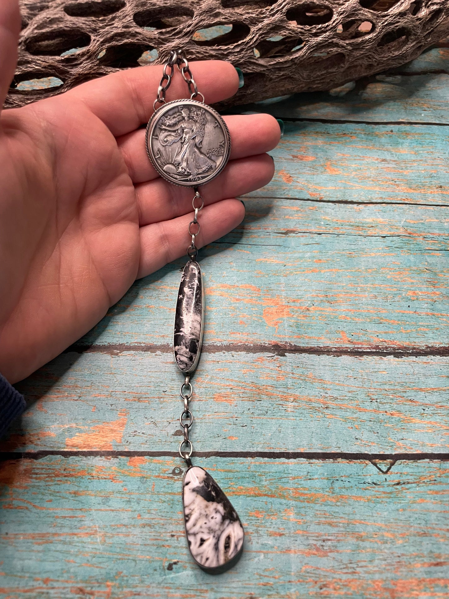 Navajo Liberty Sterling Silver & White Buffalo Drop Necklace