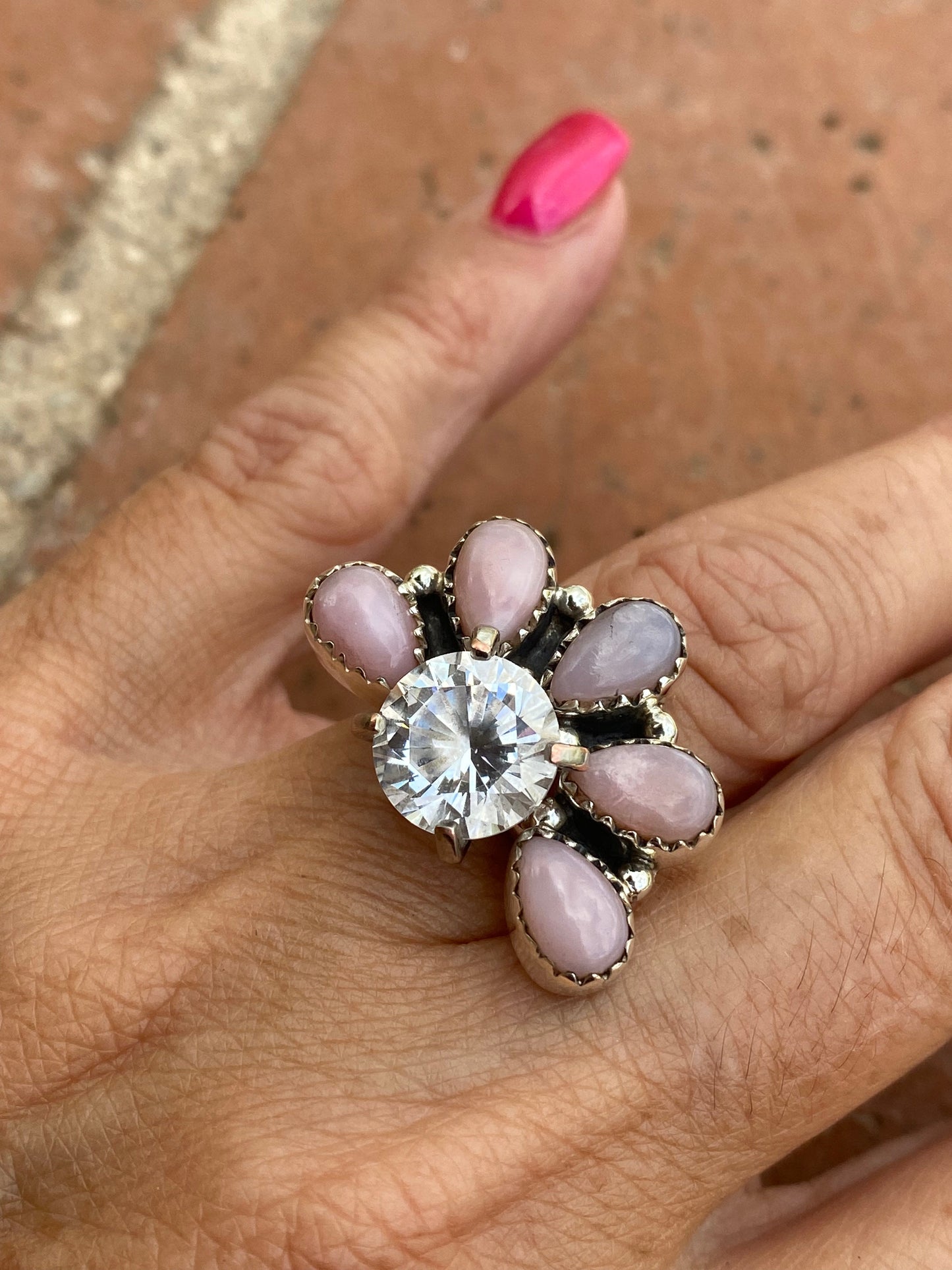 Pink Opal & Sterling Silver Diamond Wrap Ring