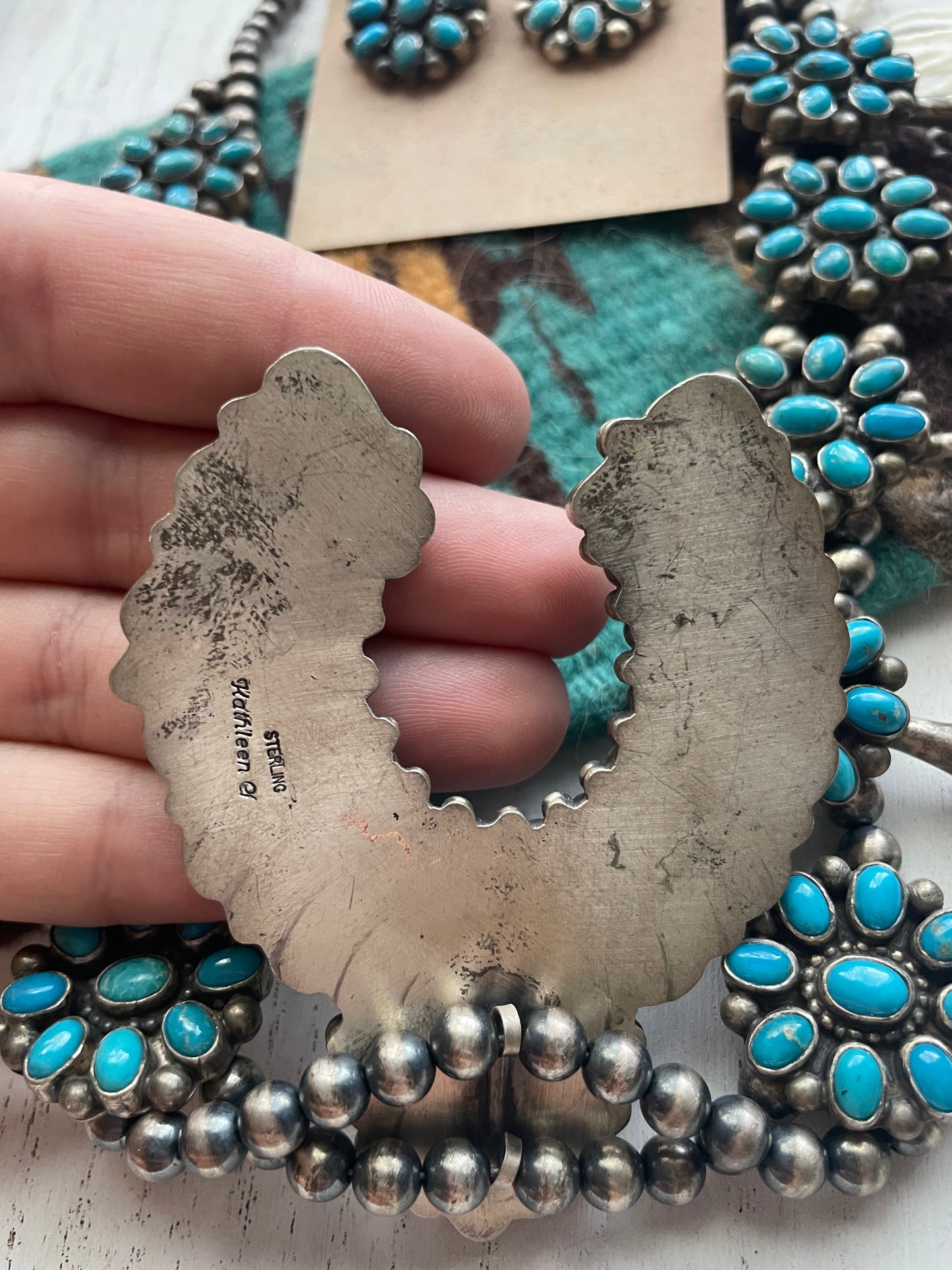 Navajo Royston Turquoise & Sterling Squash Blossom Set by Kathleen Chavez