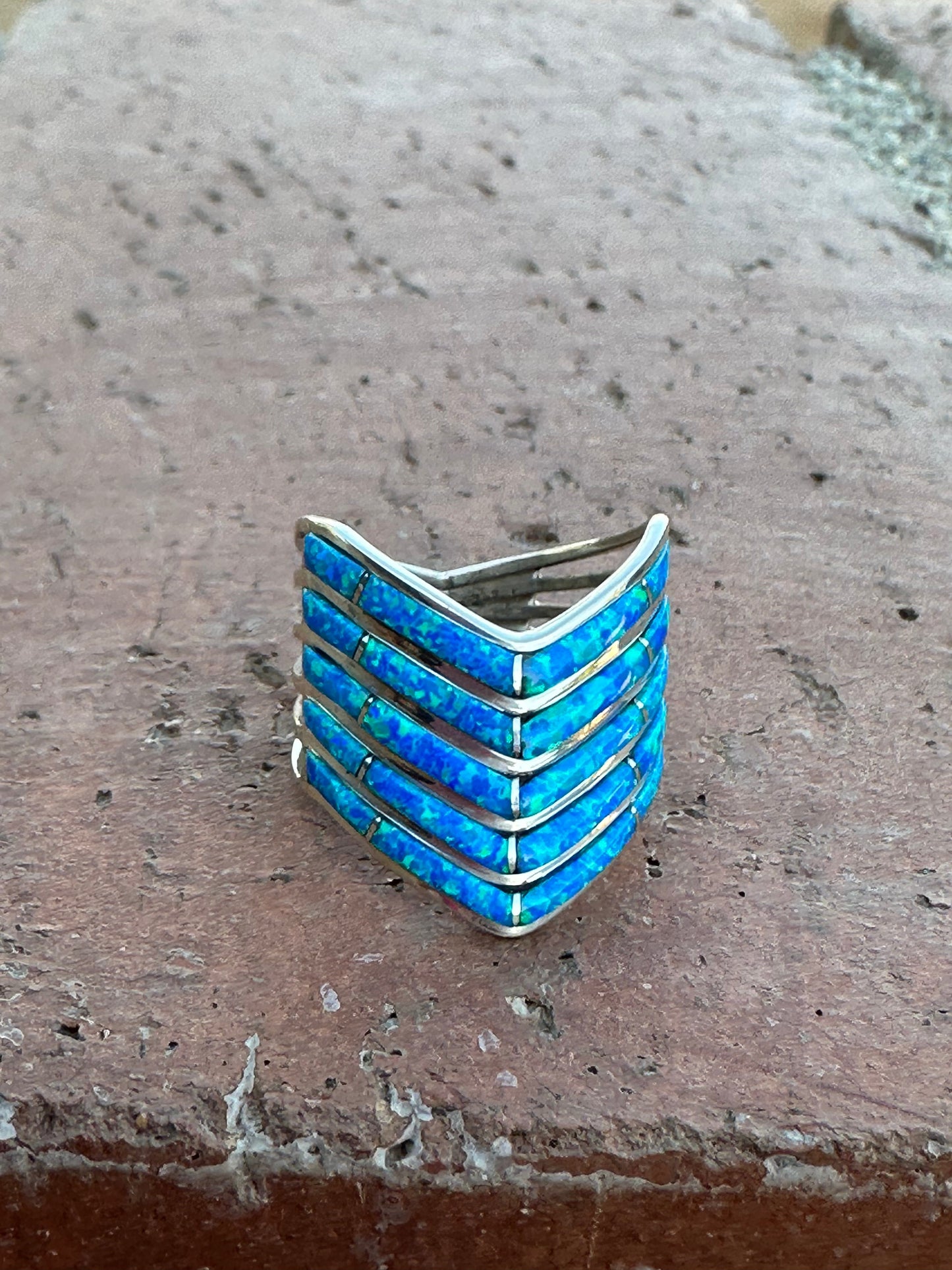 Zuni 5 Row Sterling Silver & Blue Opal Inlay Stacker Ring