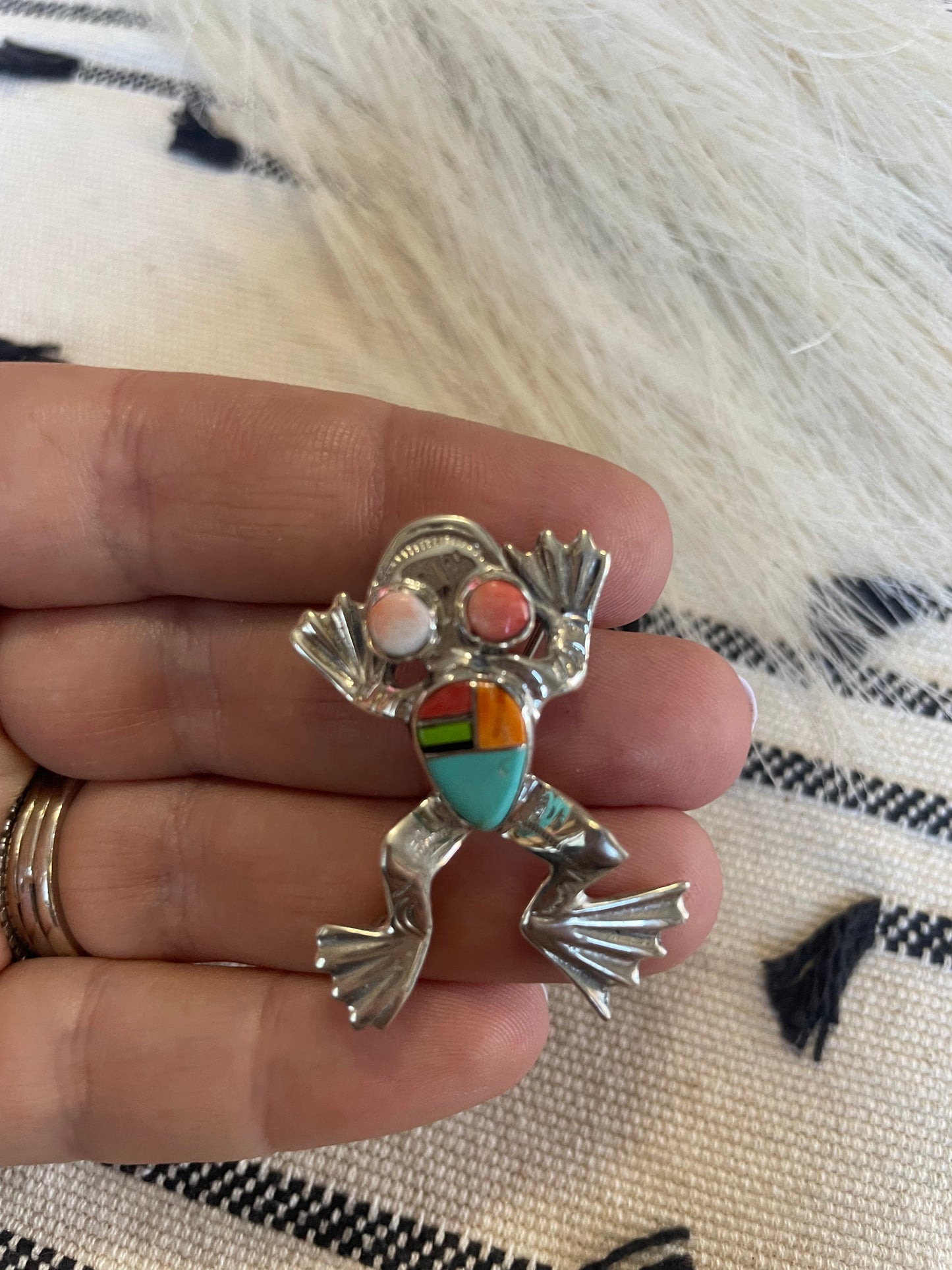 Navajo Multi Stone Inlay & Sterling Silver Frog Pendant Pin