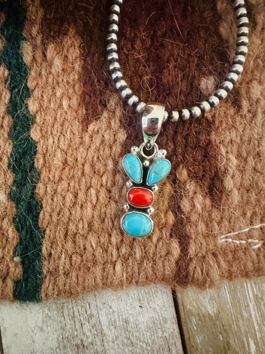 ** Christmas Collection ** Handmade Sterling Silver, Coral & Turquoise Pendant Signed Nizhoni