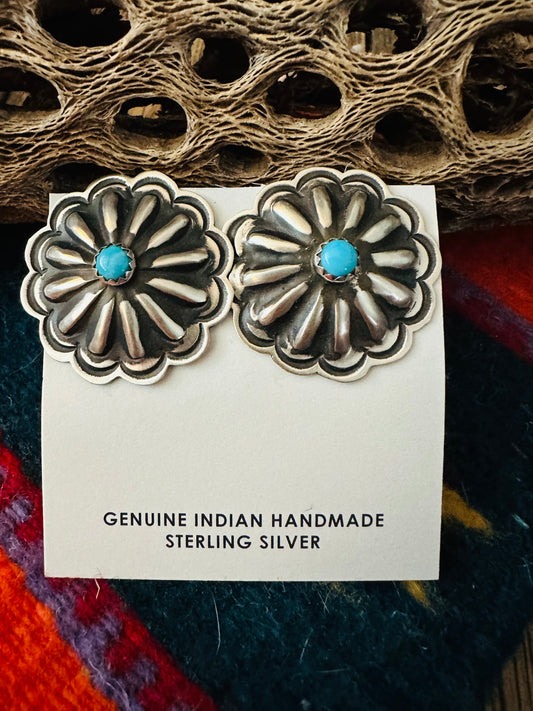 Navajo Sterling Silver & Turquoise Concho Stud Earrings