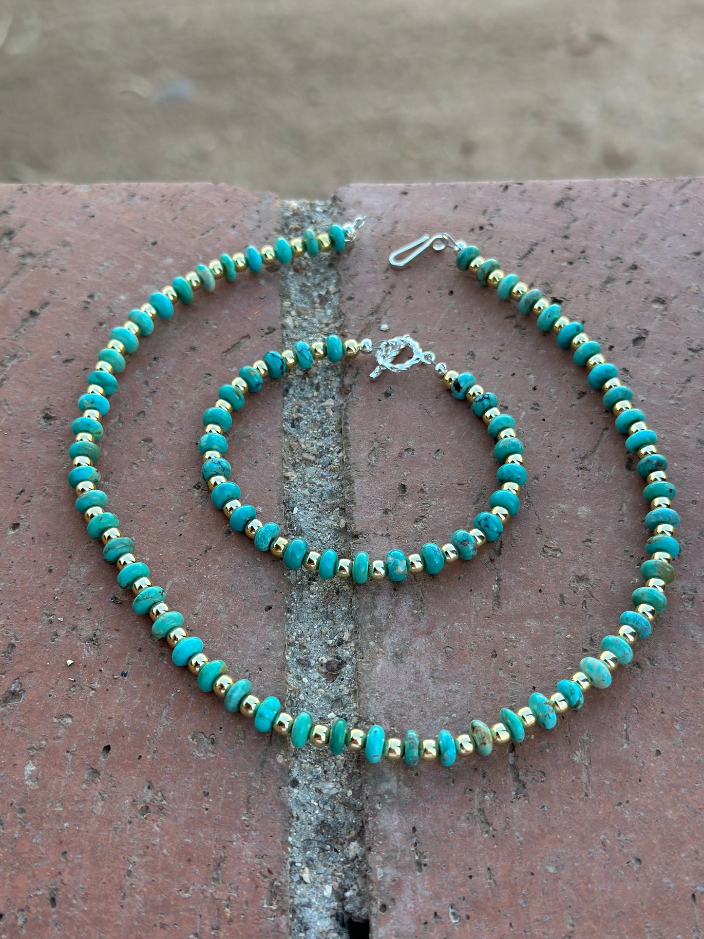 Gilded Sky Navajo Turquoise, Gold & Sterling Silver Beaded Necklace and Bracelets