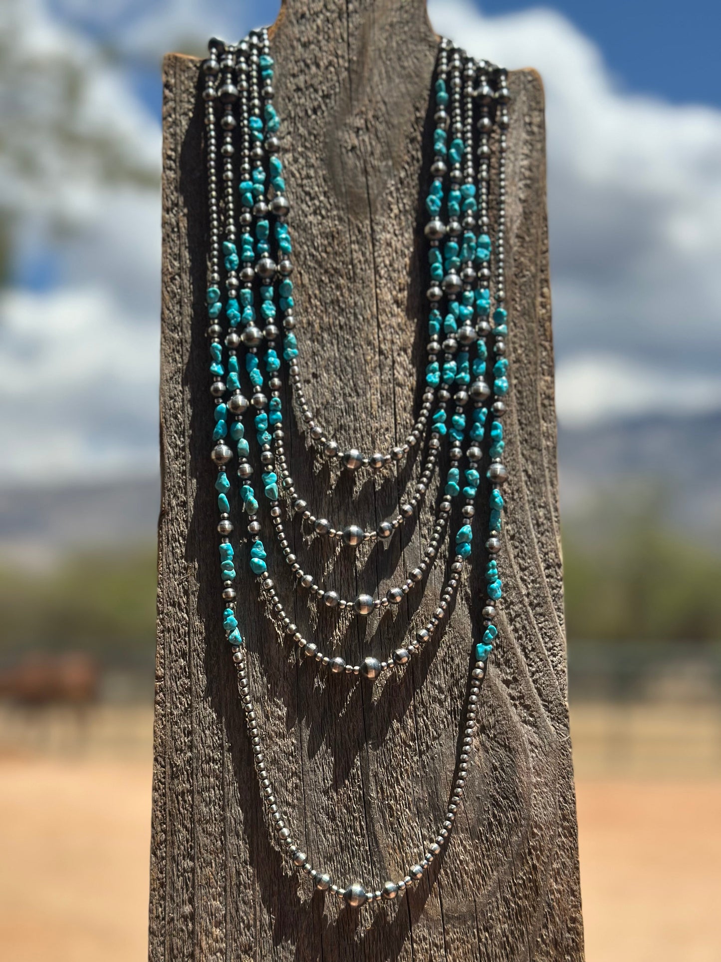 Navajo Kingman Turquoise & Sterling Silver 3mm-8mm Beaded Necklace