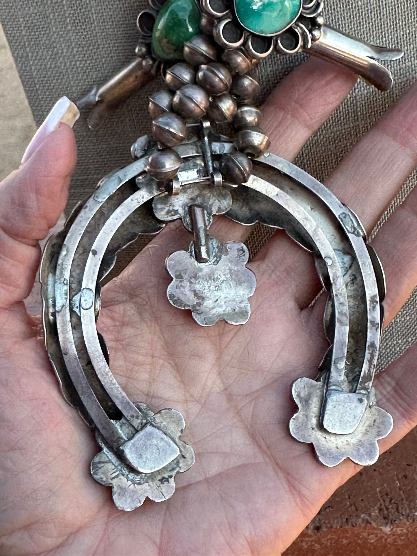 Estate Collection Old Pawn Navajo Turquoise & Sterling Silver Squash Blossom Necklace