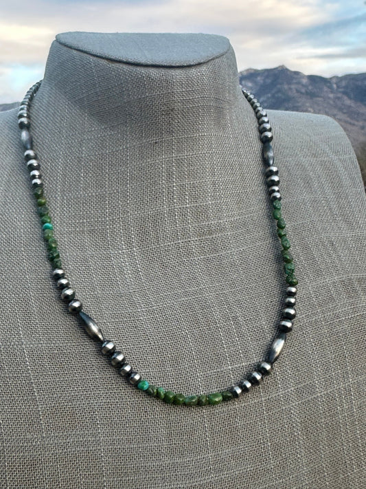 Navajo Sterling Silver Navajo Style Pearls with Royston Turquoise 20”