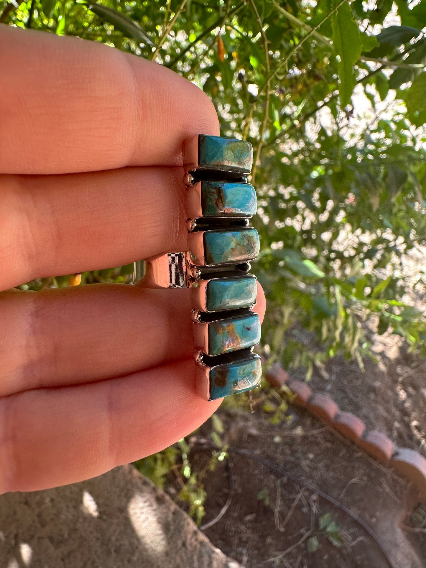 Handmade Turquoise & Sterling Silver 6 Stone Rectangular Stone Adjustable Ring Signed Nizhoni