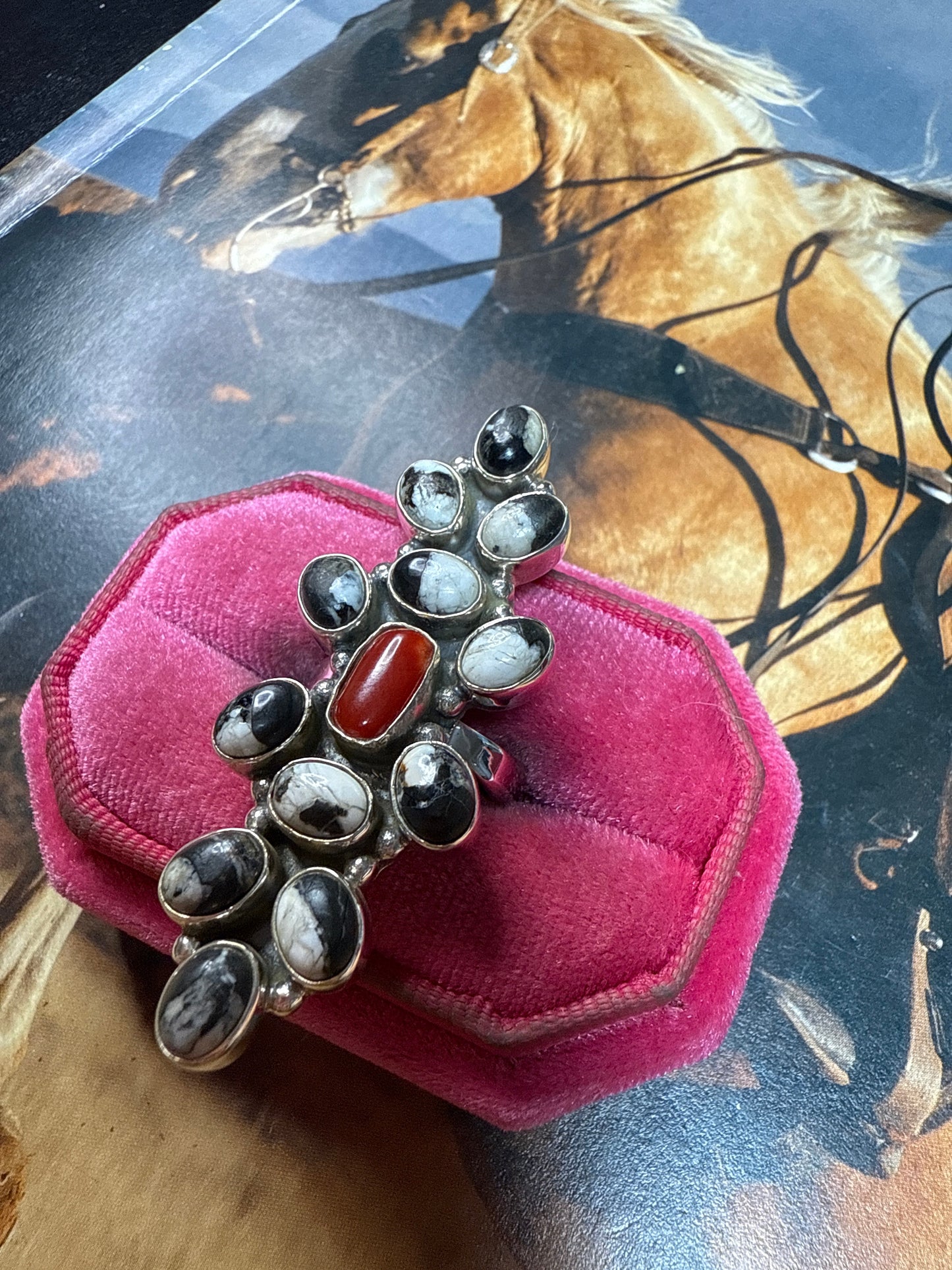 Handmade Coral, White Buffalo & Sterling Silver Adjustable Ring Signed Nizhoni