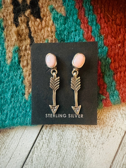 Navajo Queen Pink Conch & Sterling Silver Arrow Dangle Earrings