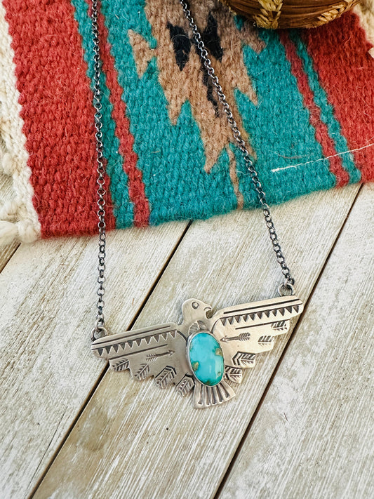 Navajo Turquoise & Sterling Silver Thunderbird Necklace by Russell Sam