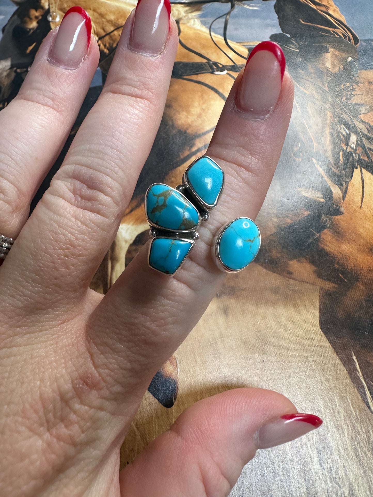 Handmade Turquoise & Sterling Adjustable Crescent Floating Stone Ring