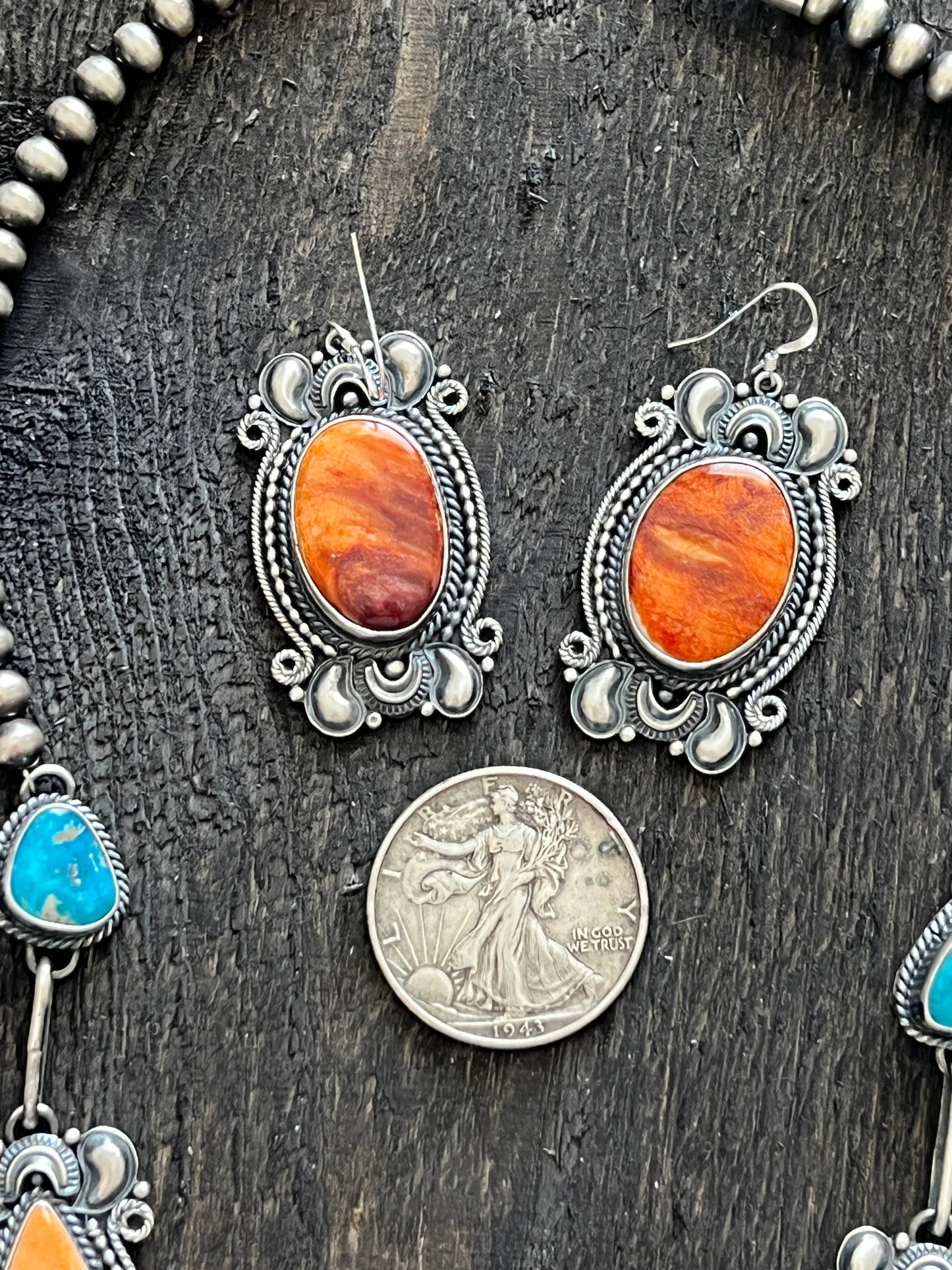 Navajo Sterling Silver, Spiny Oyster and Turquoise Link and Bead Necklace and Earrings Set by Derrick Gordon