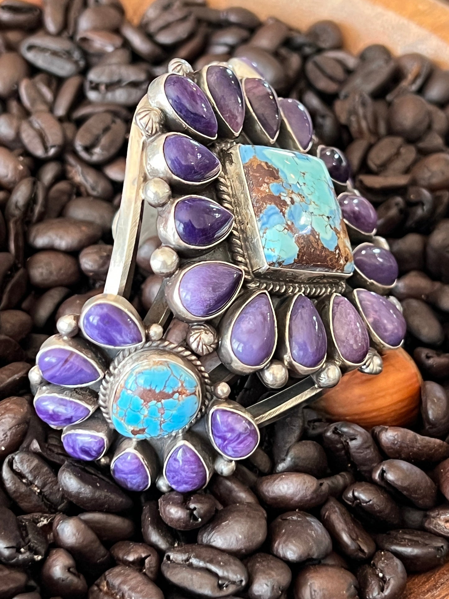 Navajo Sterling Silver, Charoite and Golden Hills Turquoise Cluster Cuff Bracelet by Tyler Brown