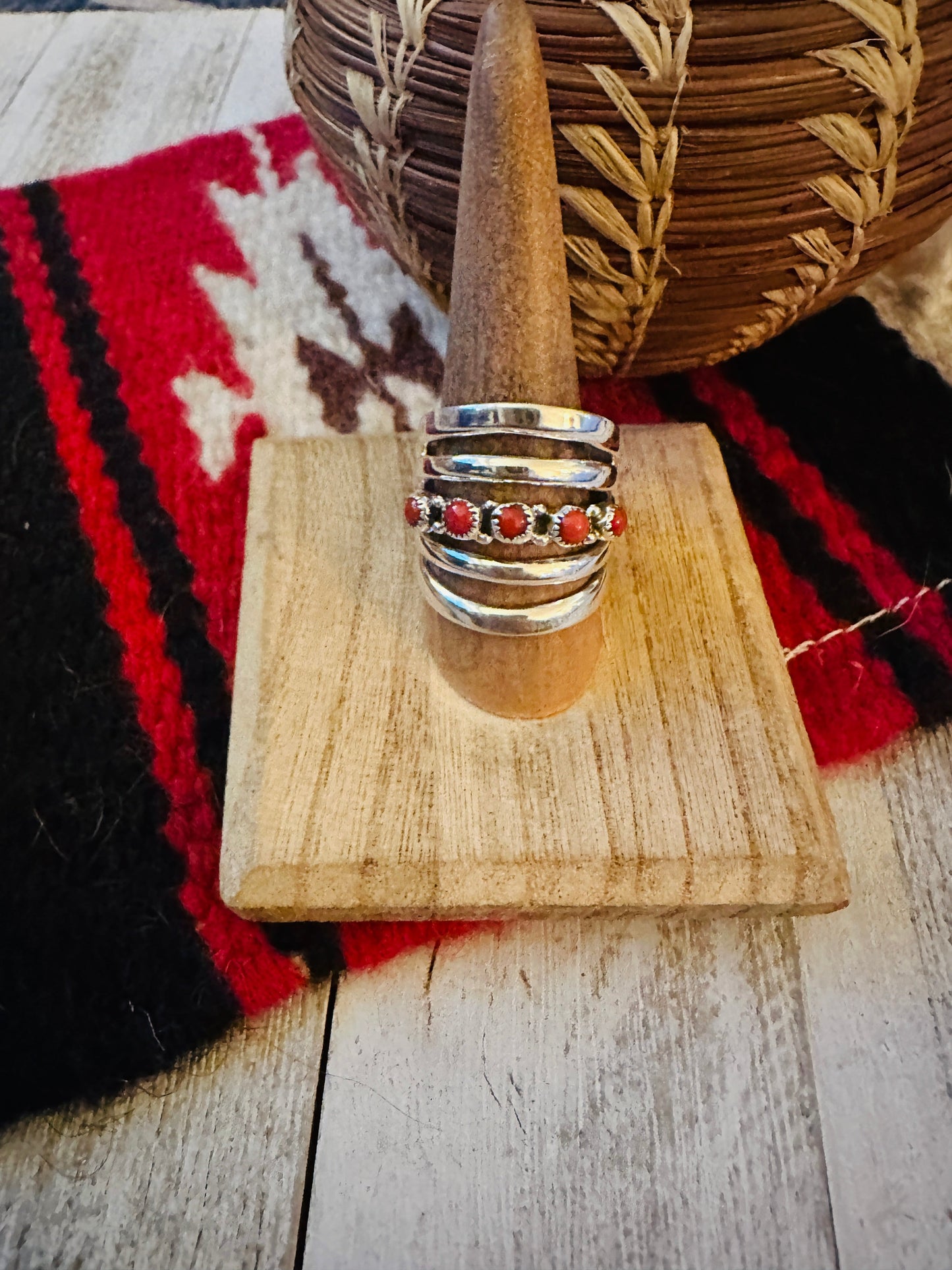 Navajo Coral & Sterling Silver Bar Ring