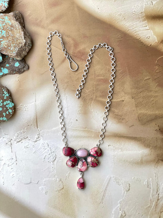 Beautiful Handmade Sterling Silver Dahlia Rose Pink Opal Crescent Necklace
