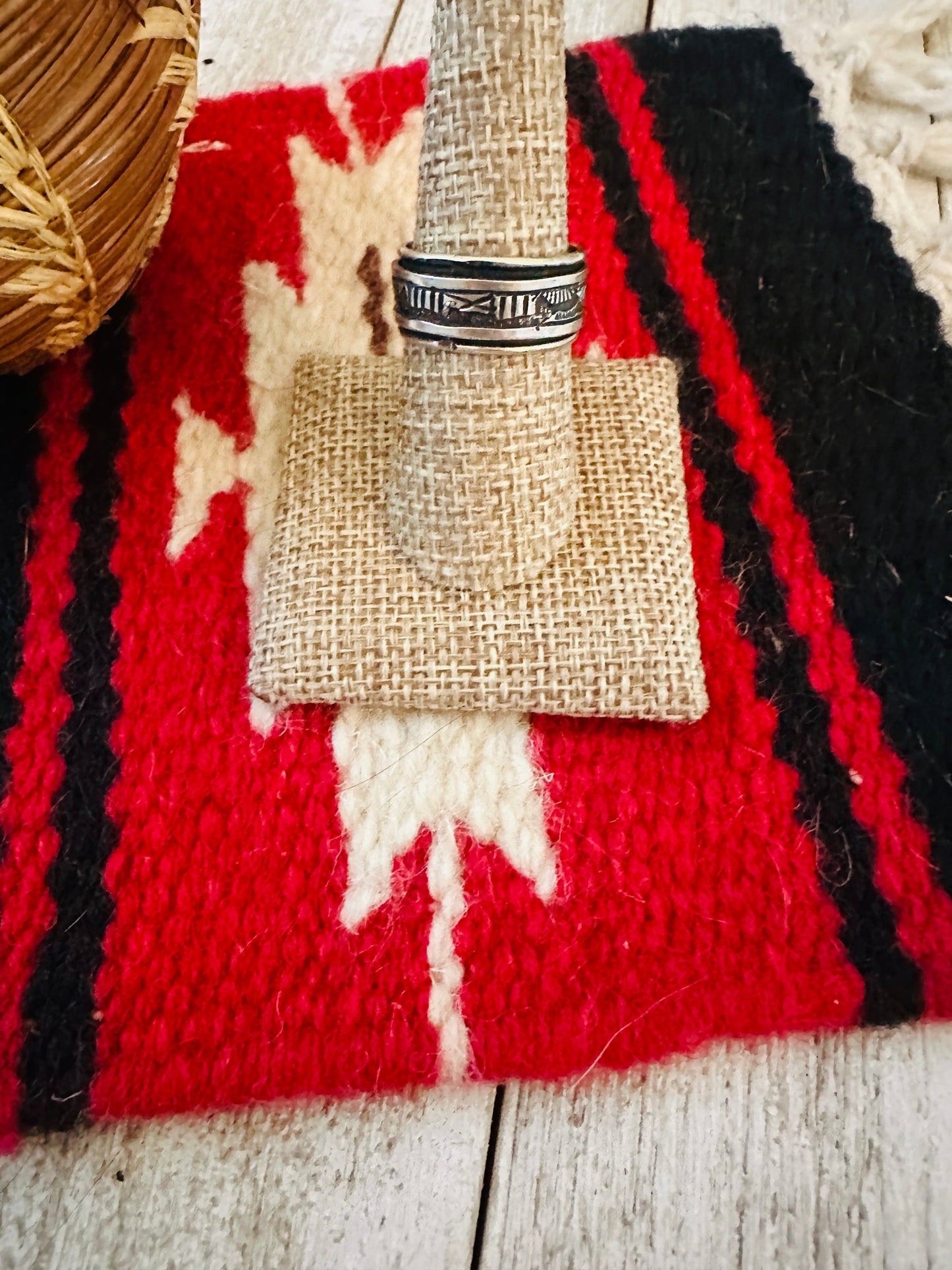 Navajo Hand Stamped Sterling Silver Storyteller Ring Size 8