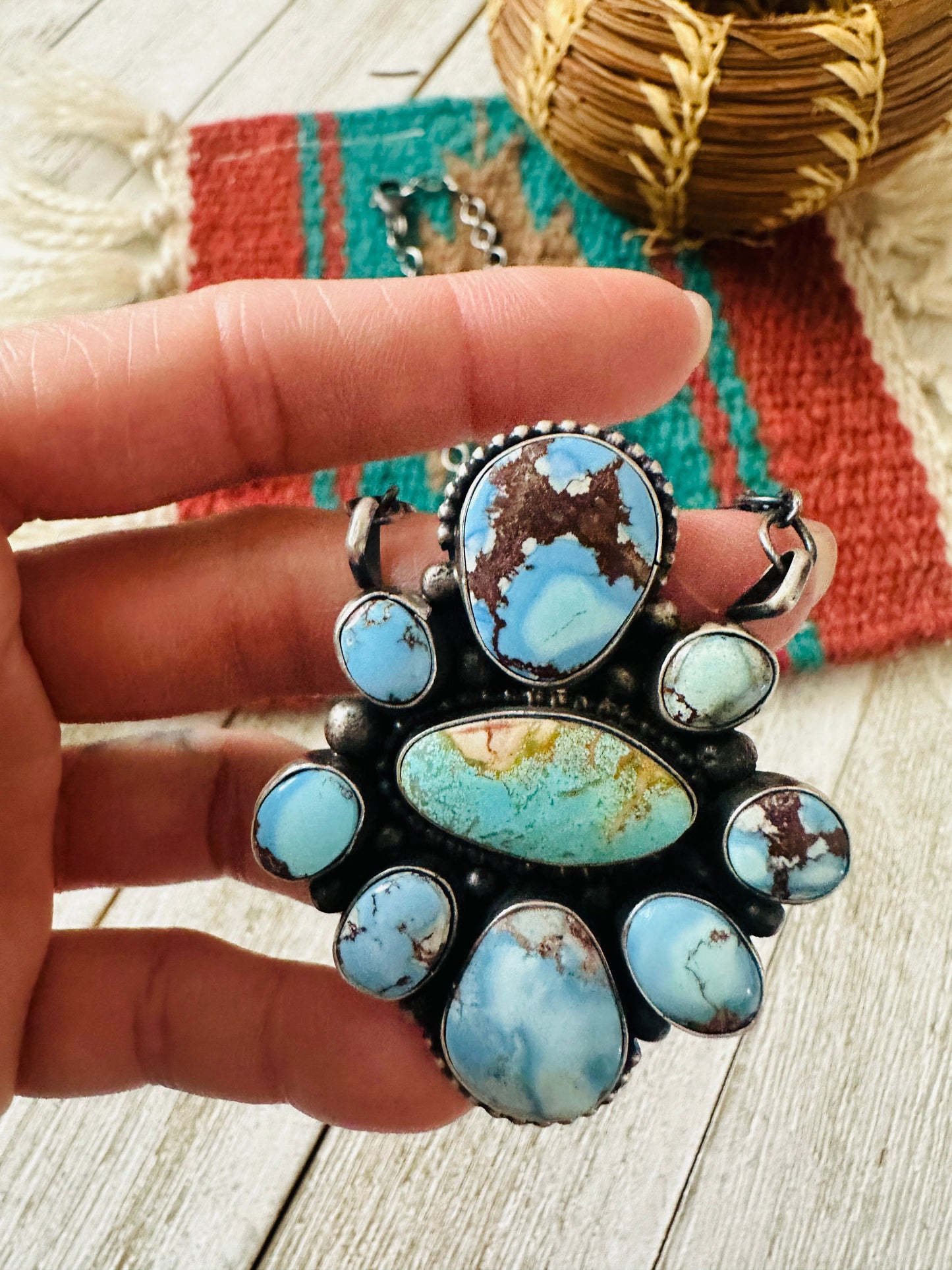 Navajo Sterling Silver & Golden Hills Turquoise Cluster Necklace