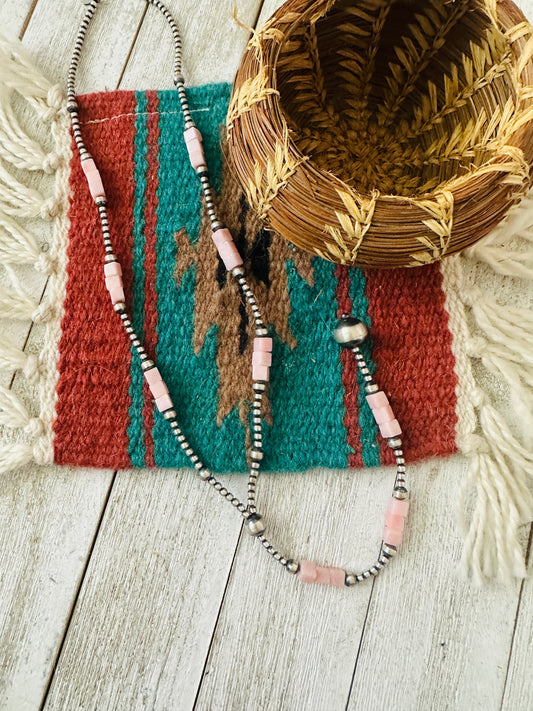 Navajo Queen Pink Conch & Sterling Silver Beaded Lariat Necklace