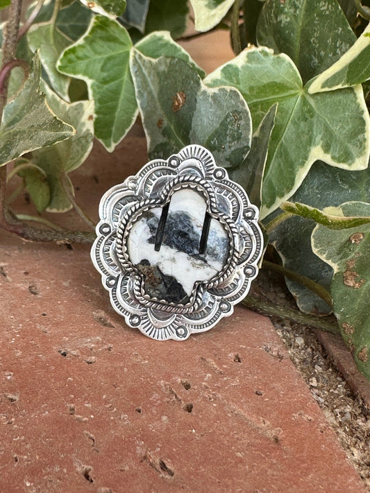 Handmade Sterling Silver White Buffalo Saguaro Cactus Adjustable Ring
