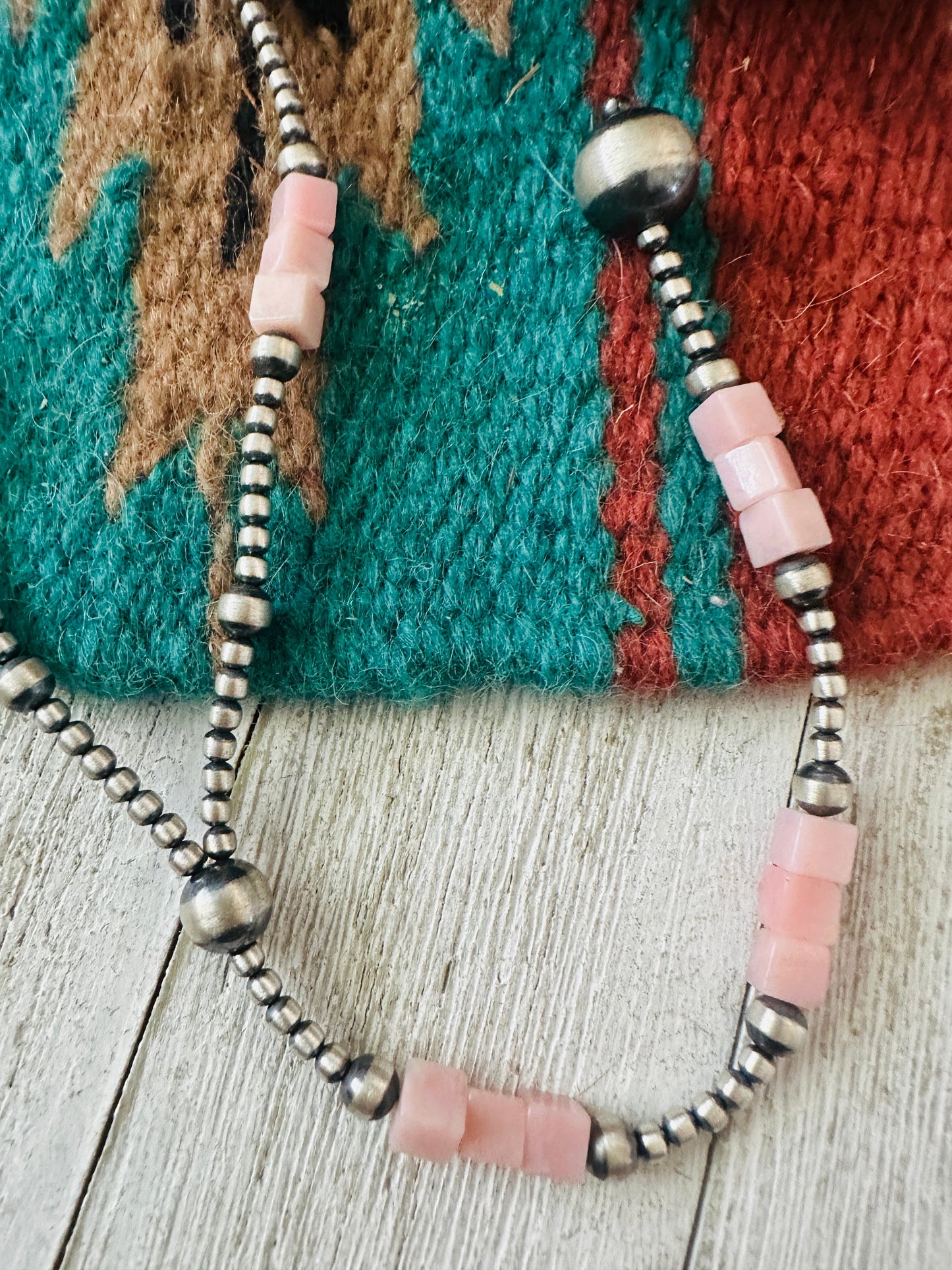 Navajo Queen Pink Conch & Sterling Silver Beaded Lariat Necklace