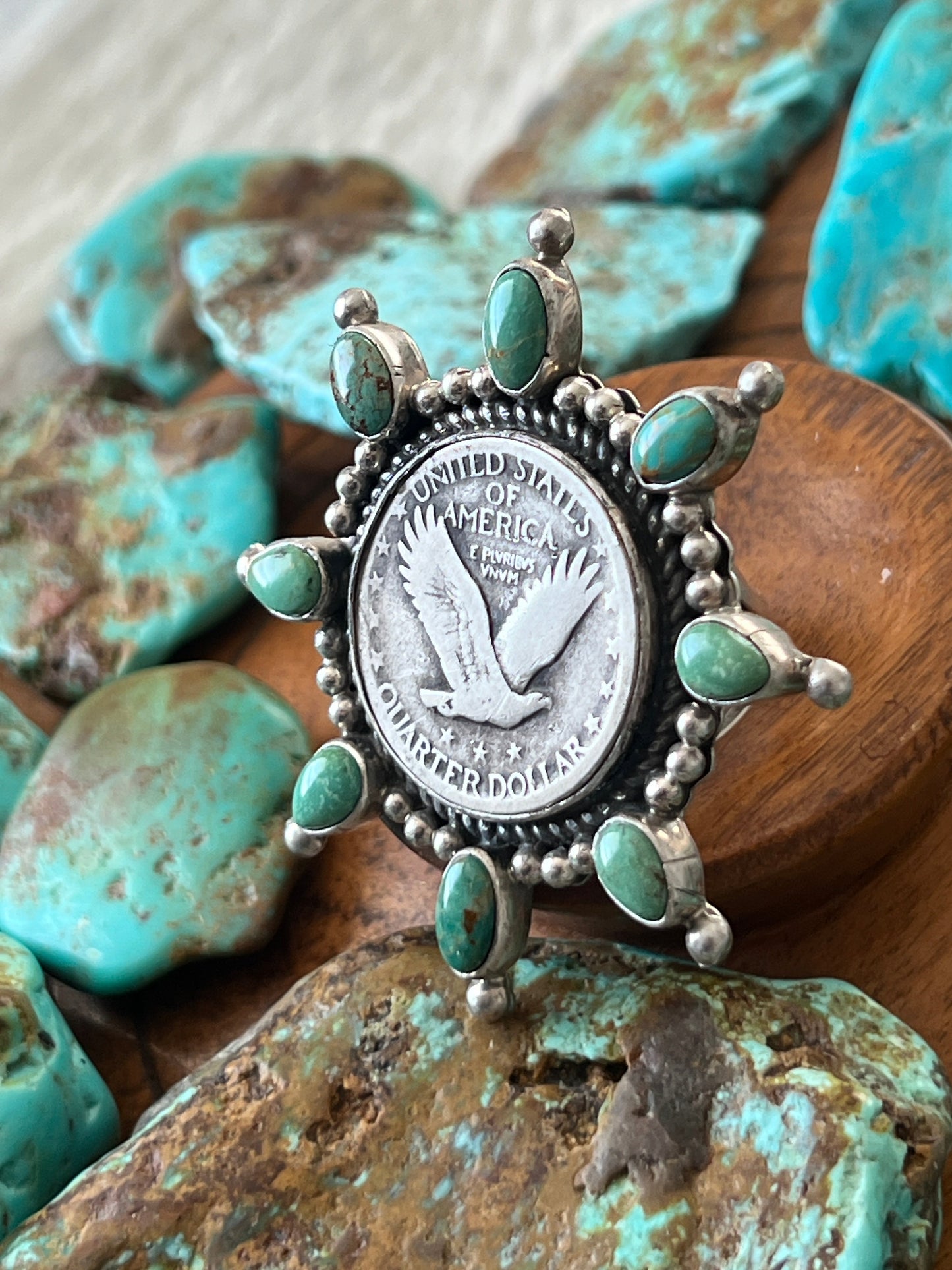 Rosella Paxson Sterling Silver, Liberty Quarter and Hubei Turquoise Cluster Ring, Size 7.25