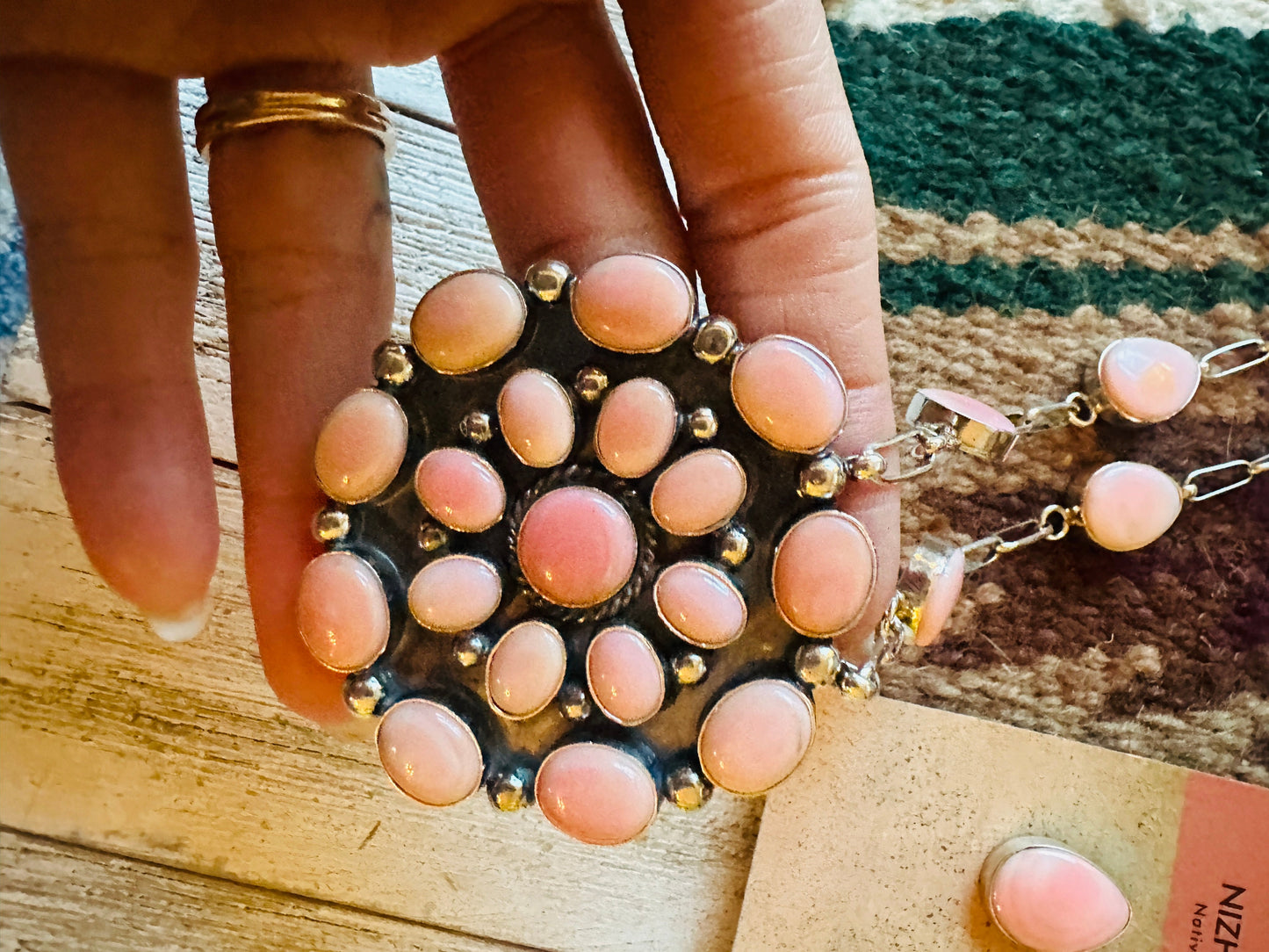Navajo Queen Pink Conch & Sterling Silver Cluster Necklace Set