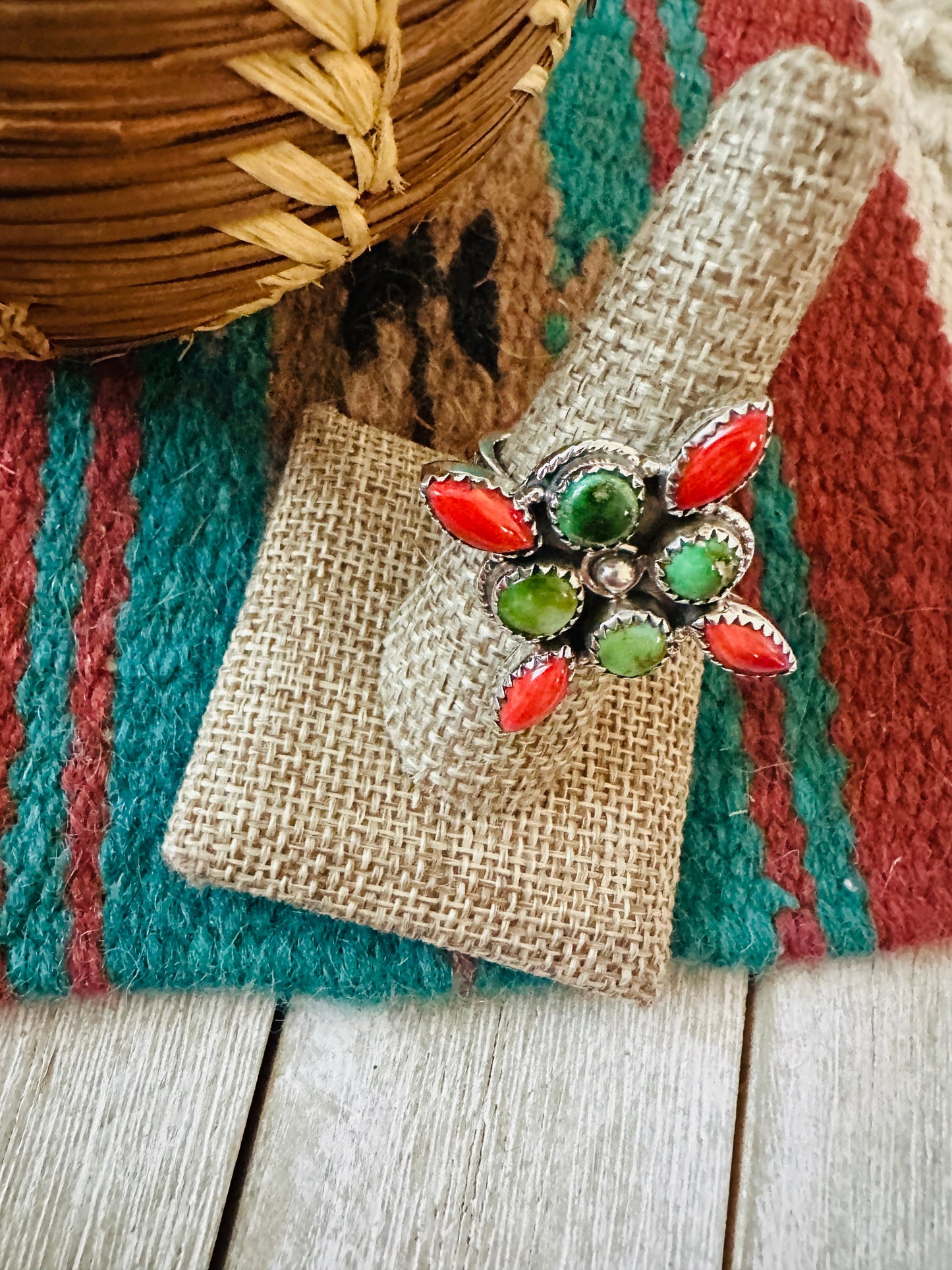 ** Christmas Collection ** Handmade Sterling Silver, Turquoise & Coral Adjustable Ring Signed Nizhoni
