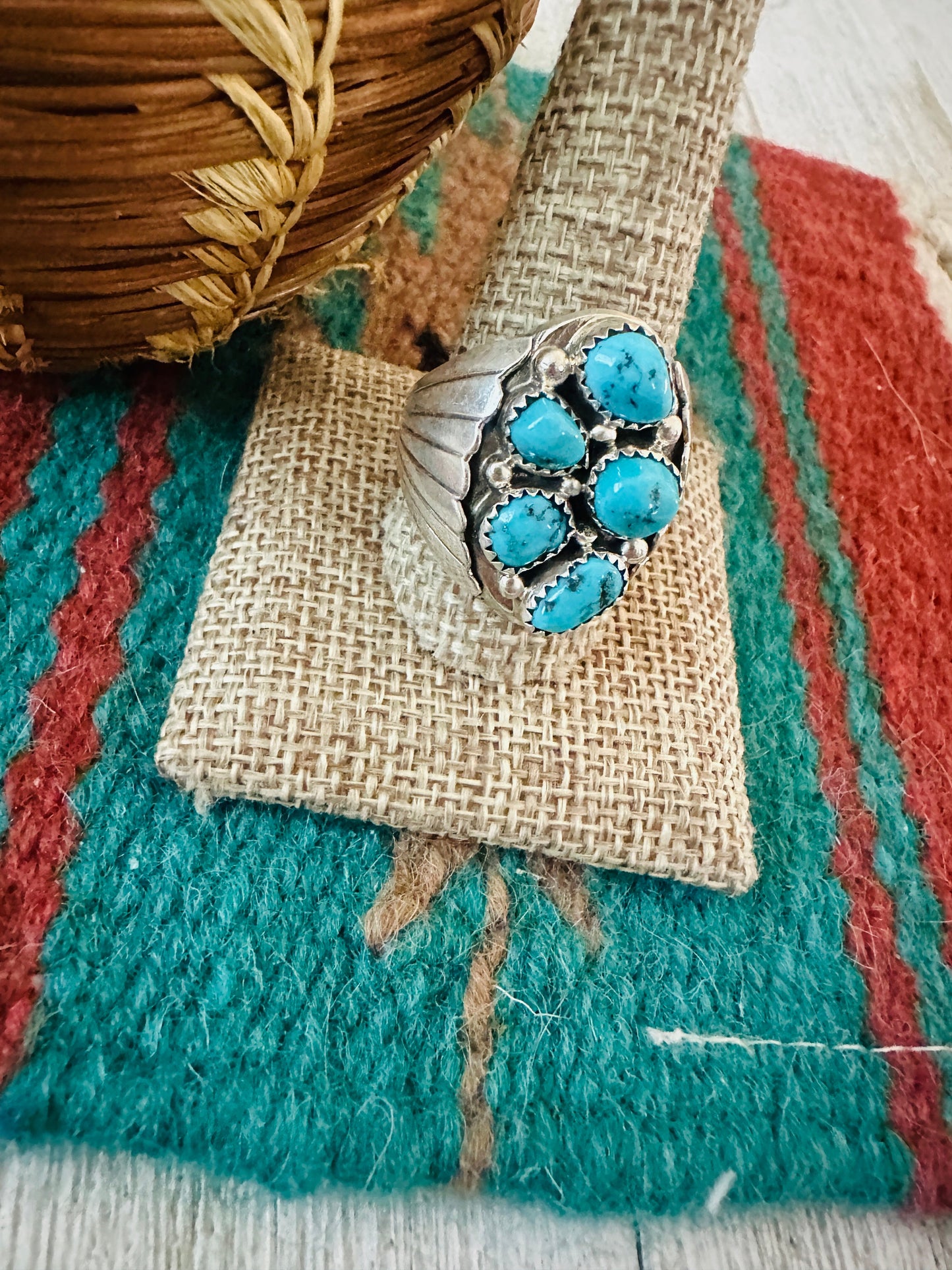 Old Pawn Navajo Sterling Silver & Turquoise Cluster Ring