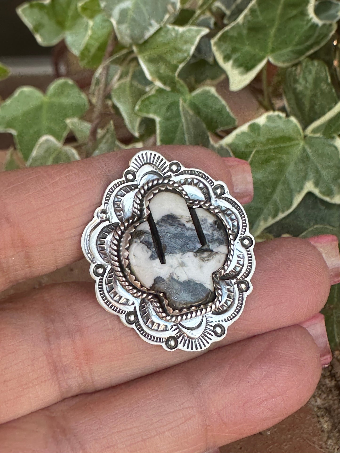 Handmade Sterling Silver White Buffalo Saguaro Cactus Adjustable Ring