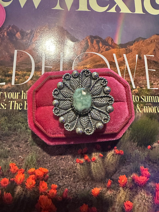 Handmade Sterling Silver Palomino Turquoise  Adjustable FLOWER Ring Signed Nizhoni