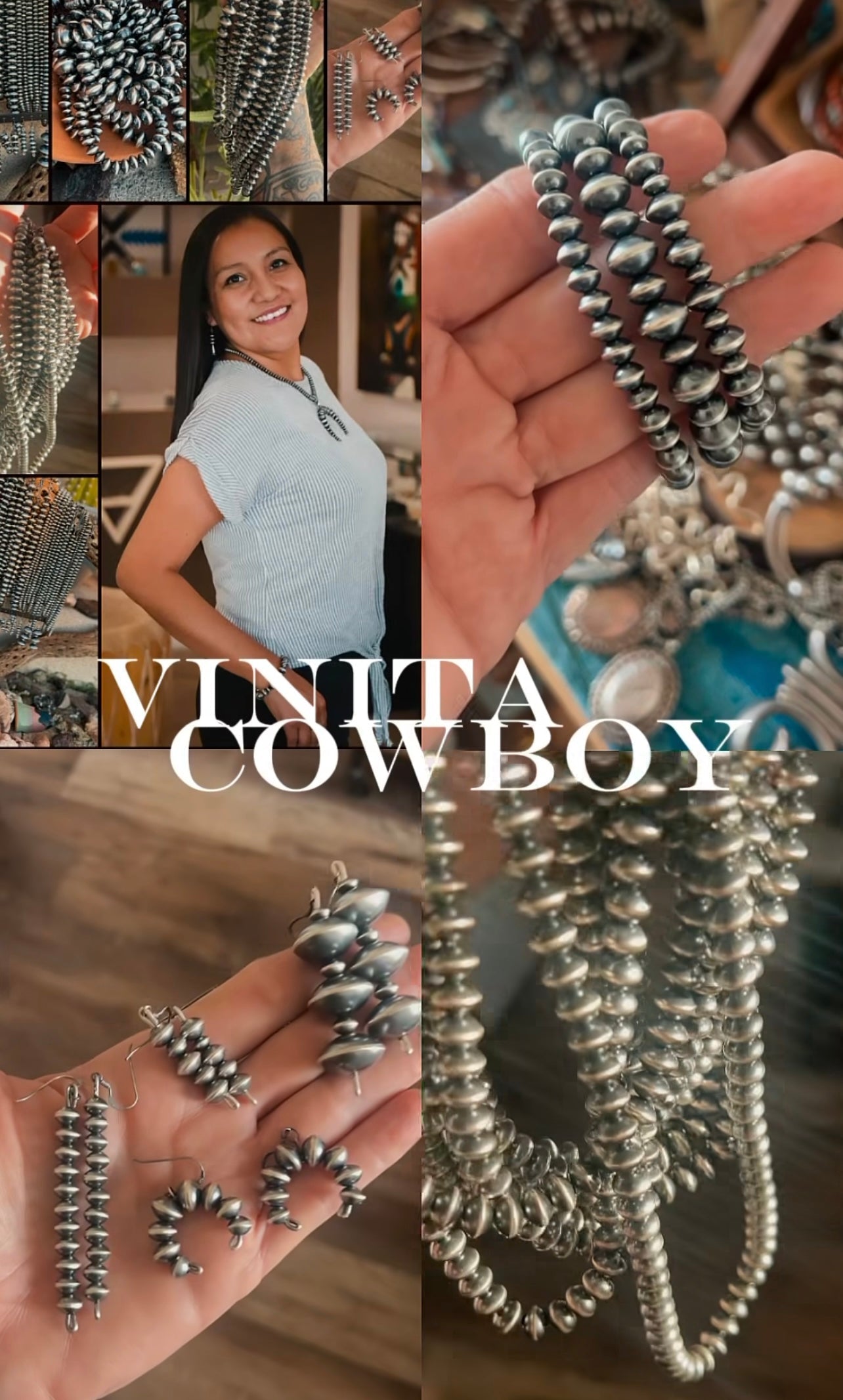 Vinita Cowboy 6.5mm Handmade Sterling Silver Navajo Saucer Pearl Necklaces, 20 inches