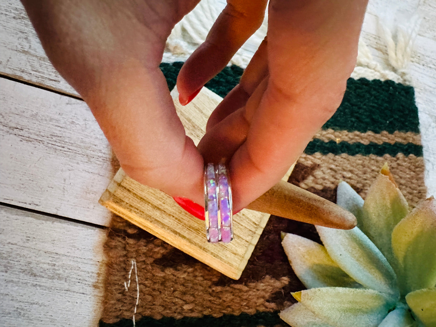 Zuni Light Pink Double Opal & Sterling Silver Inlay Band Ring