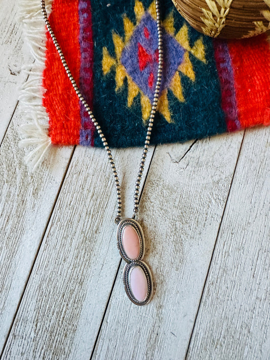 Navajo 2 Stone Queen Pink Conch & Sterling Silver Pearl Beaded Necklace