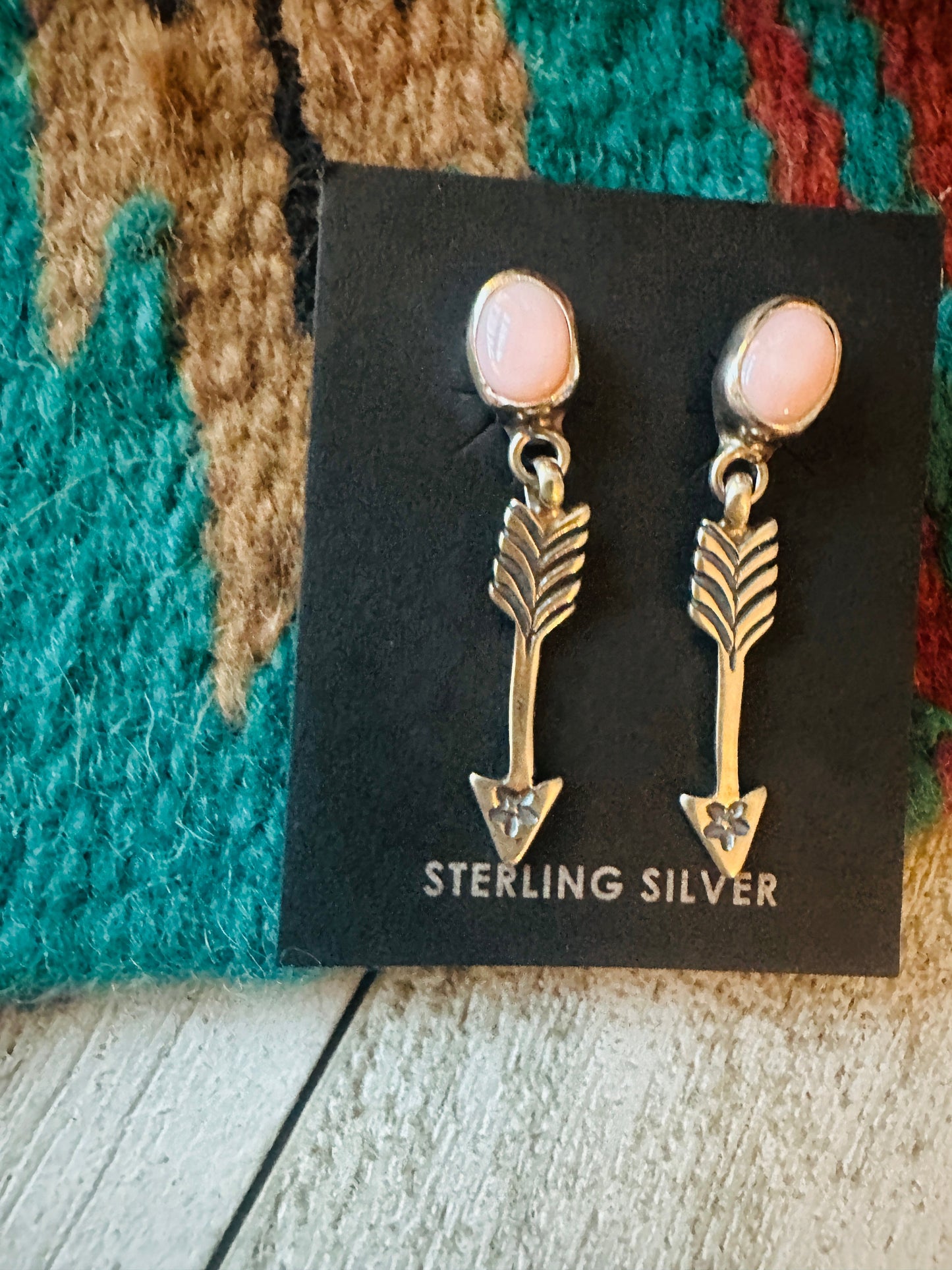 Navajo Queen Pink Conch & Sterling Silver Arrow Dangle Earrings