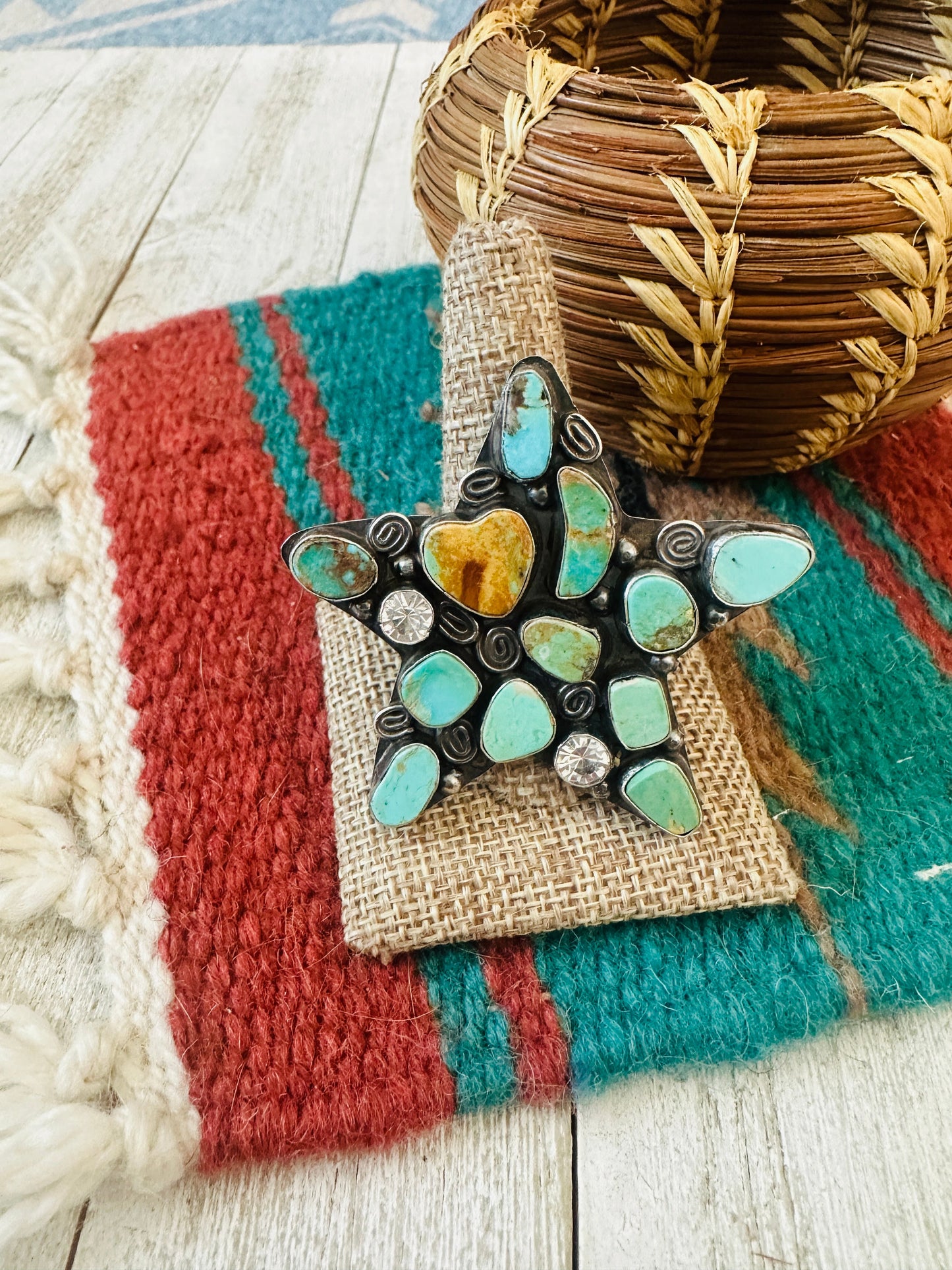 Navajo Royston Turquoise, CZ & Sterling Silver Adjustable Star Ring by Jacqueline Silver