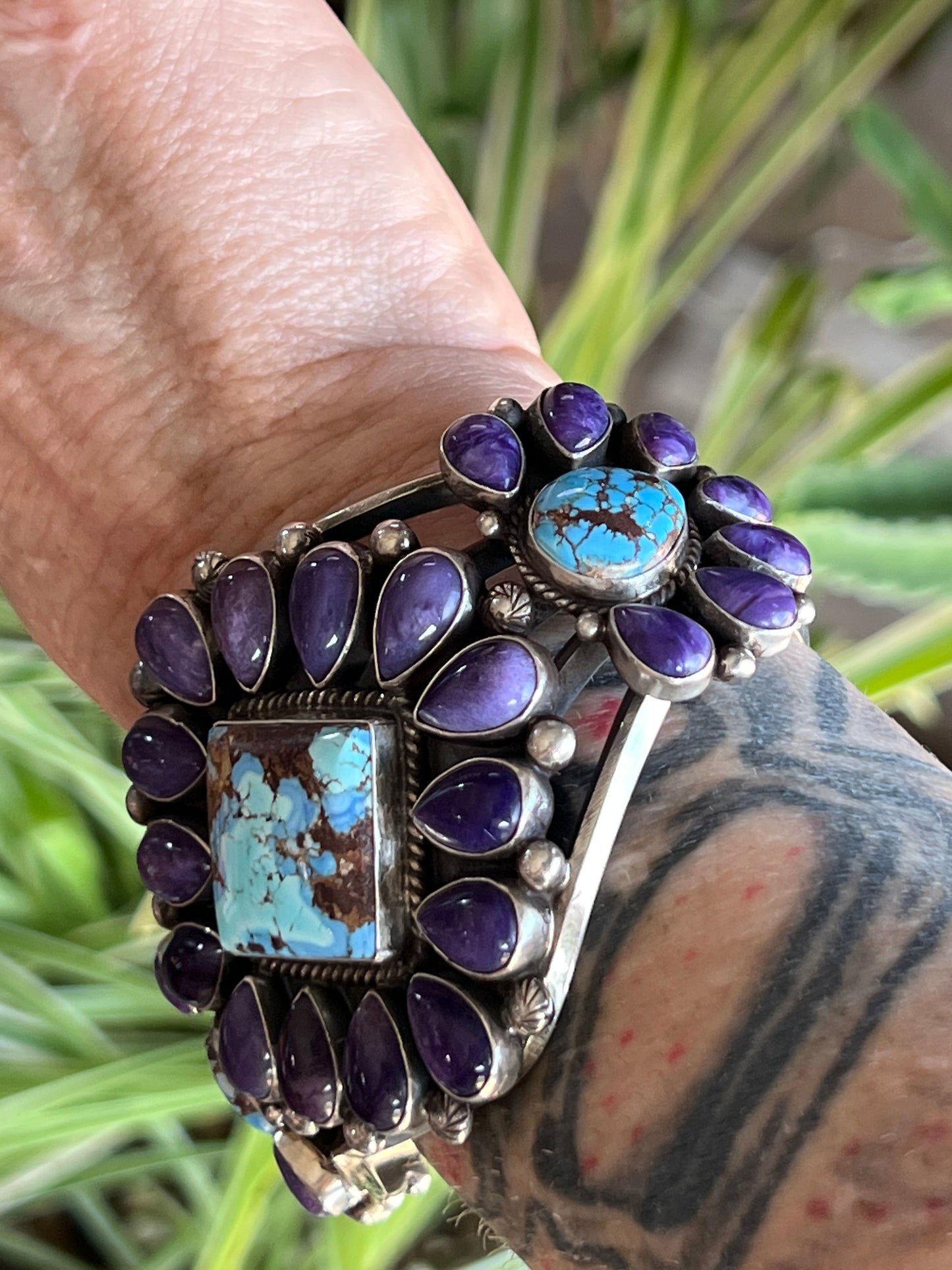 Navajo Sterling Silver, Charoite and Golden Hills Turquoise Cluster Cuff Bracelet by Tyler Brown