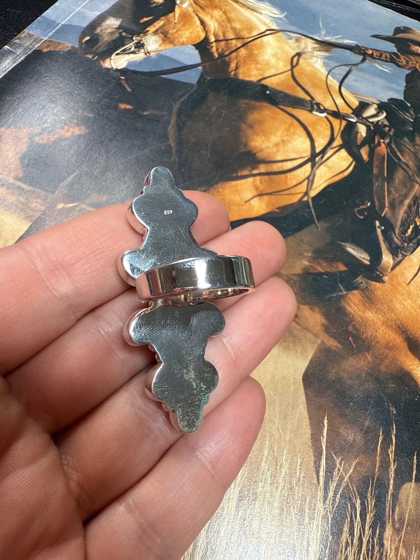 Handmade Coral, White Buffalo & Sterling Silver Adjustable Ring Signed Nizhoni