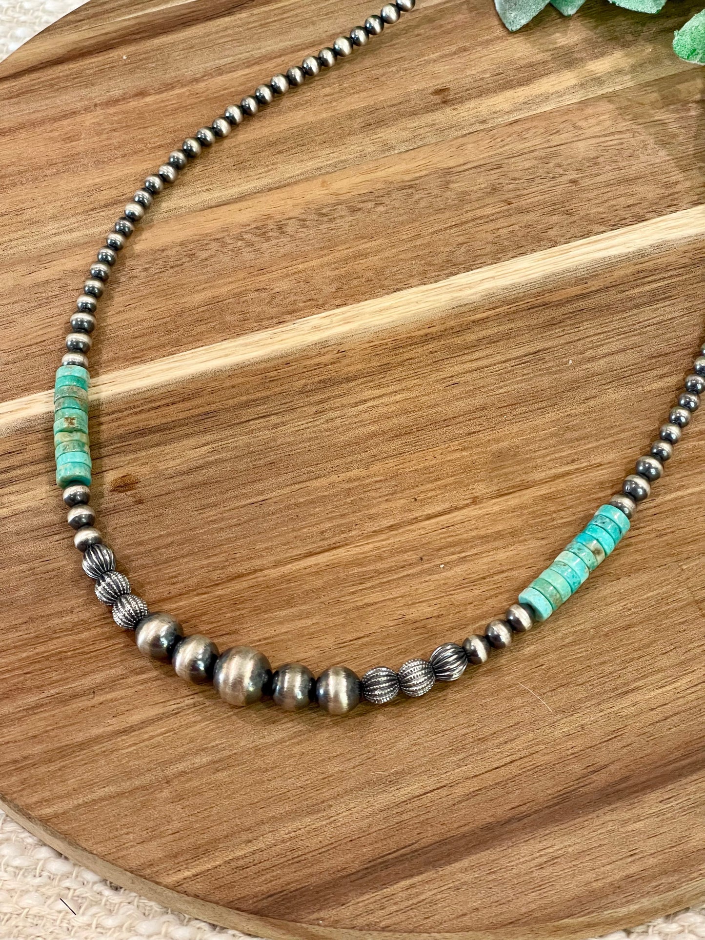 Handmade Sterling Silver with Kingman Turquoise Beaded Necklace with Signed Nizhoni