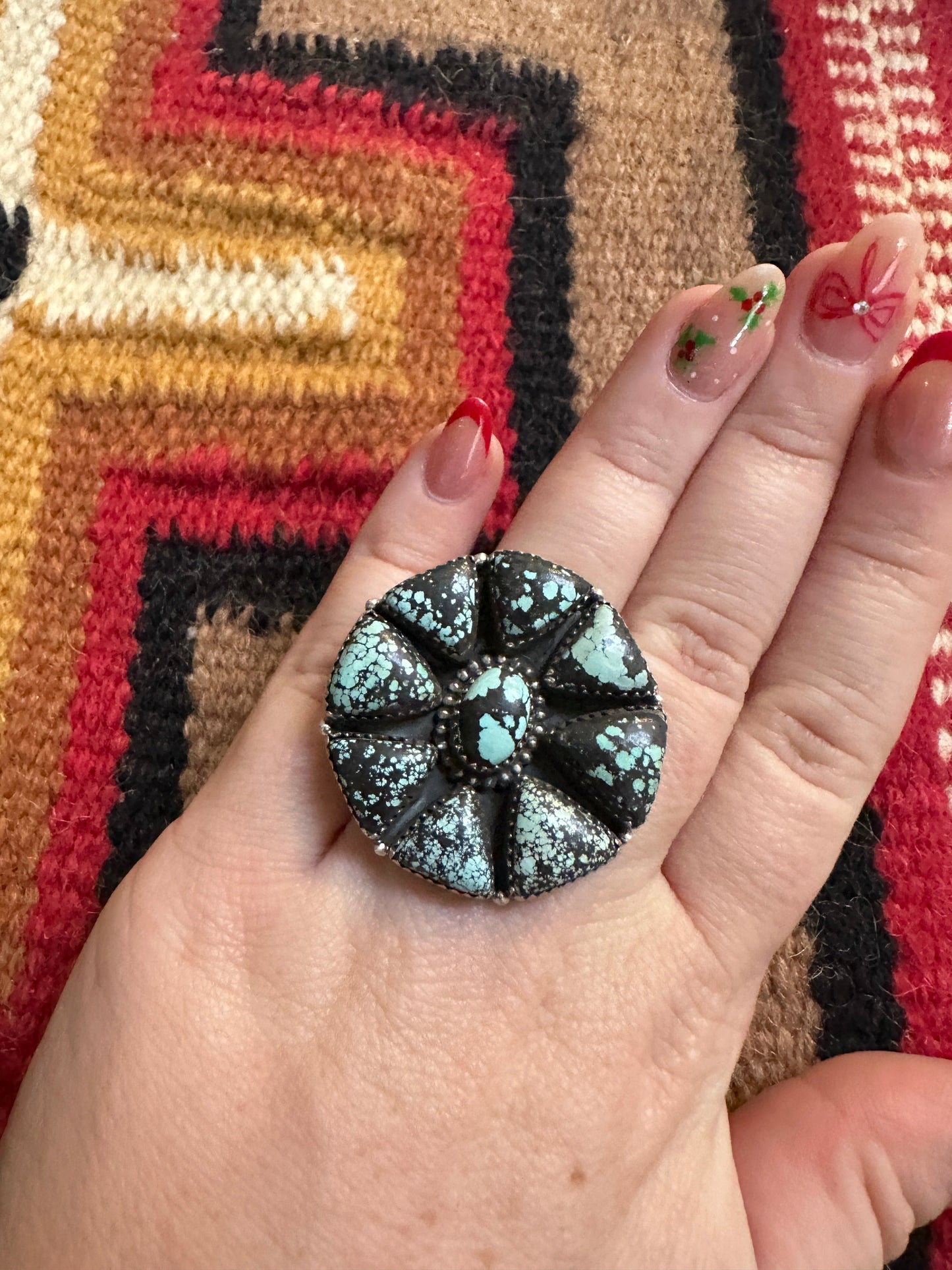 Beautiful Handmade New Lander Turquoise And Sterling Silver Adjustable Statement Round Ring