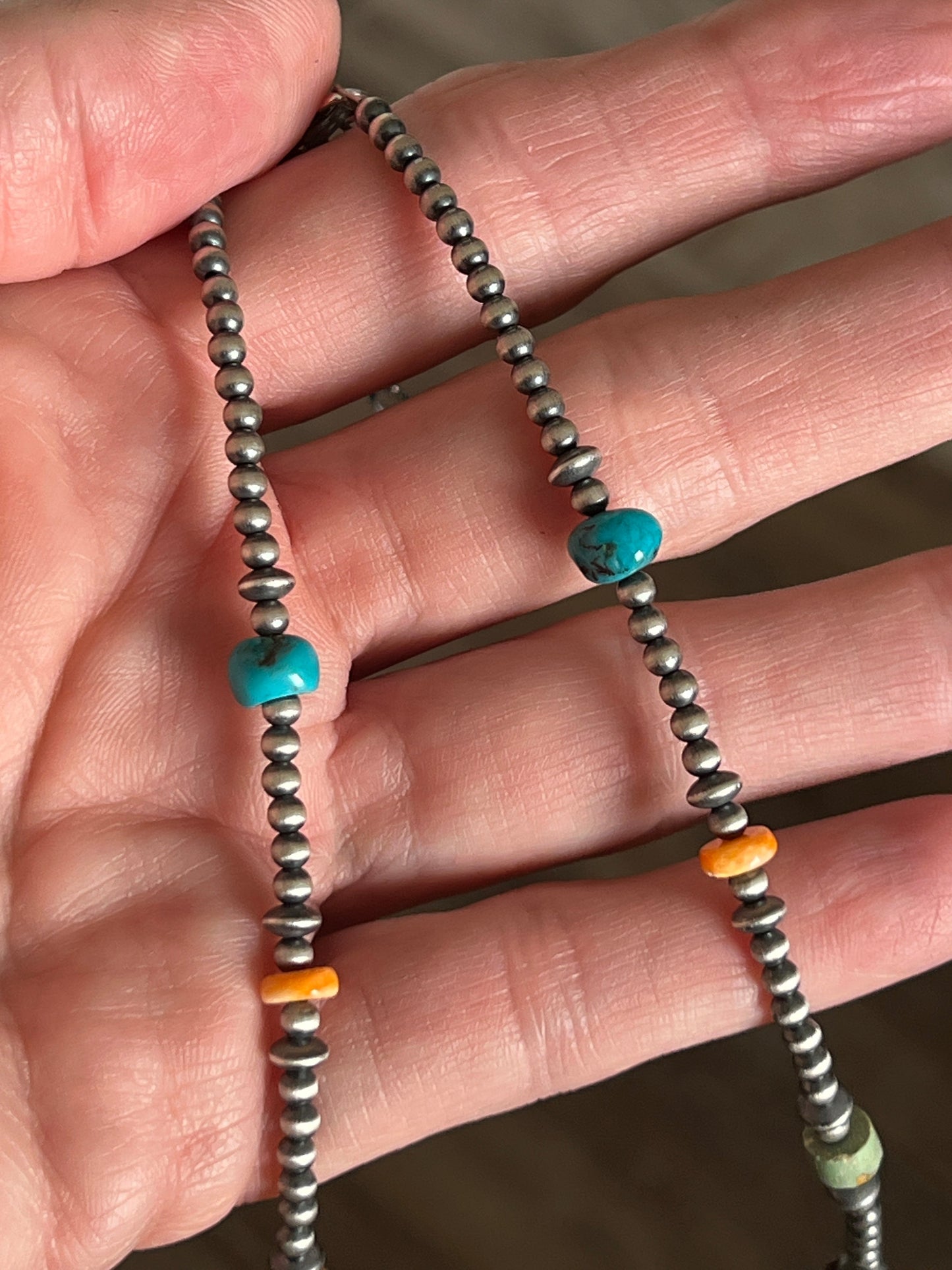 Summer Lovin’ Navajo Beaded Layering Necklace with Sterling Silver, Spiny Oyster Shell and Turquoise, 14 + 2”, The Color Drop
