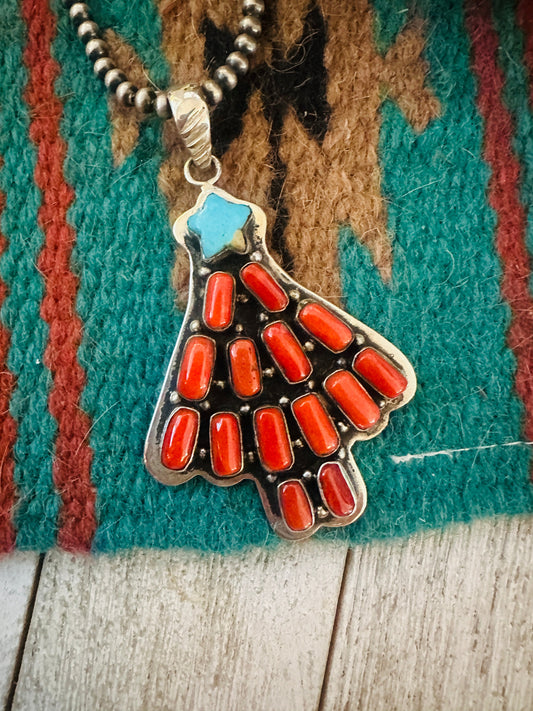** Christmas Collection ** Handmade Sterling Silver, Coral & Turquoise Pendant Signed Nizhoni