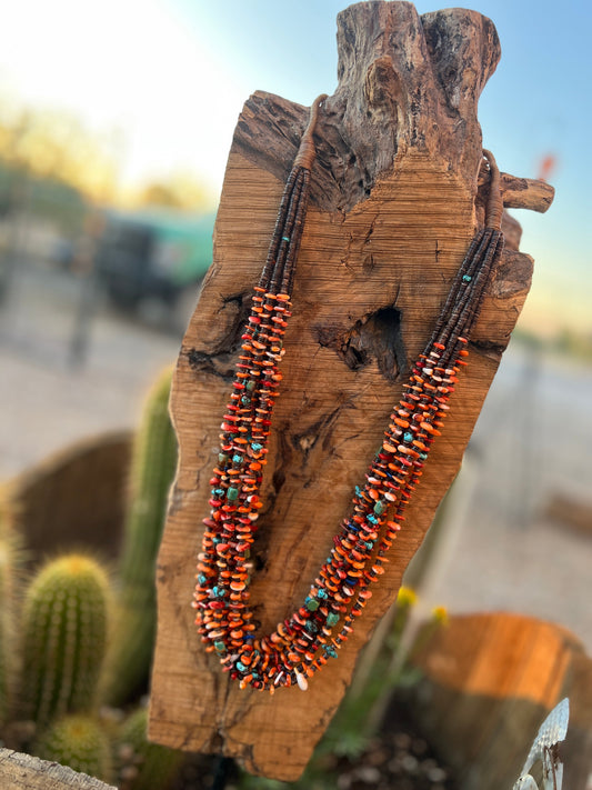 Gorgeous Navajo Made Eight Strand Spiny Oyster and Turquoise Beaded Squaw Wrap Necklace