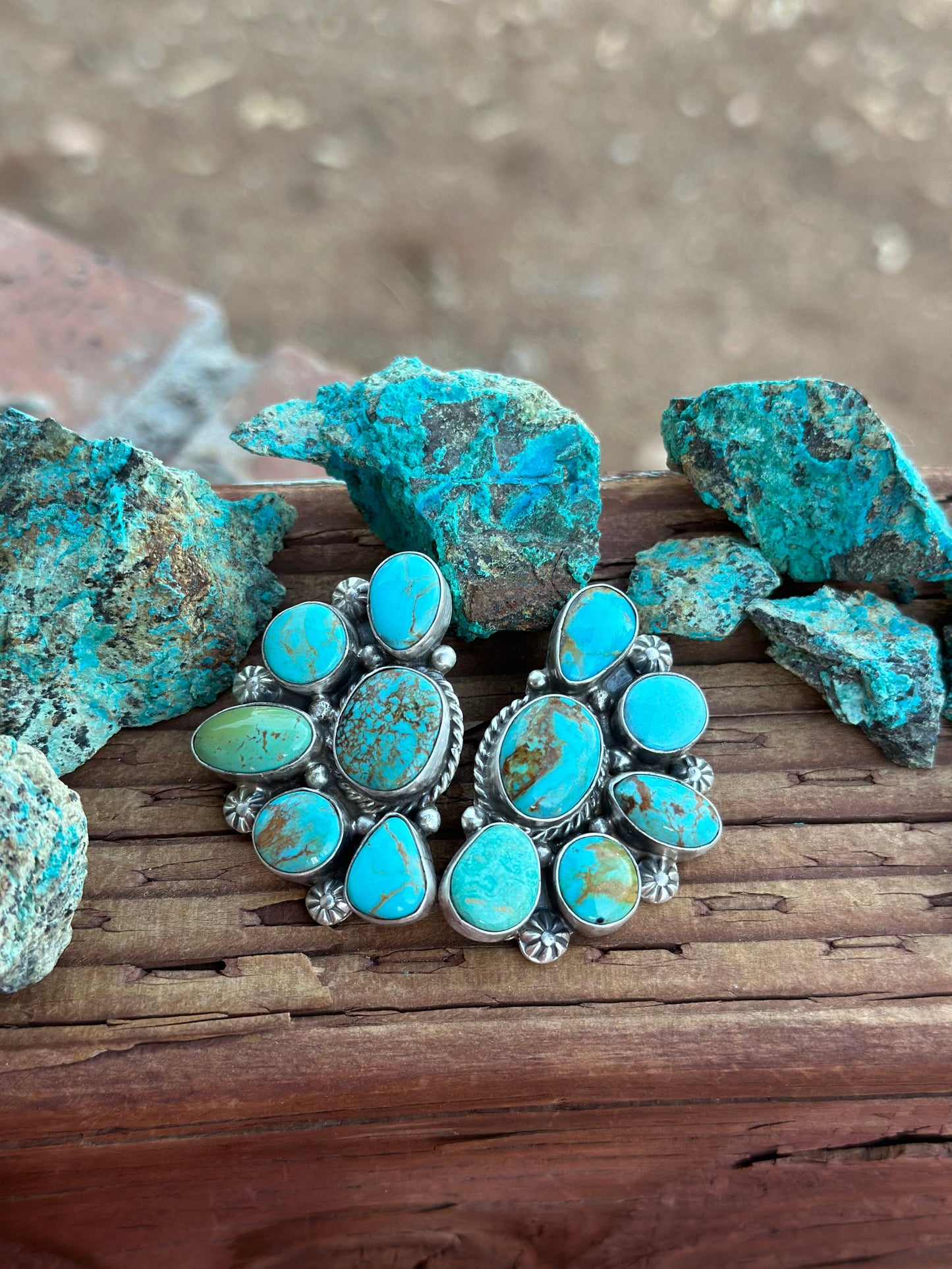 Navajo Turquoise & Sterling Silver Crescent Cluster Earrings signed Elouise Kee