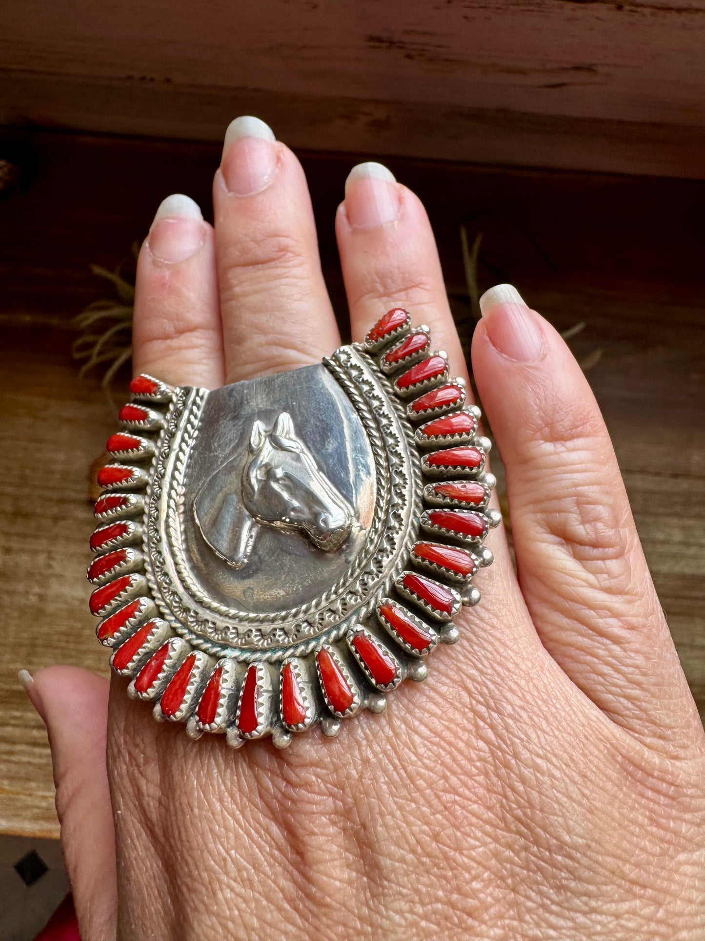 Navajo Coral Horse Ring – Adjustable Sterling Silver by Donovan Wilson