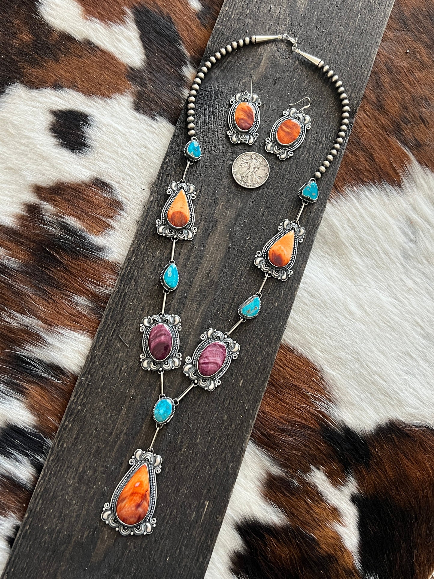 Navajo Sterling Silver, Spiny Oyster and Turquoise Link and Bead Necklace and Earrings Set by Derrick Gordon