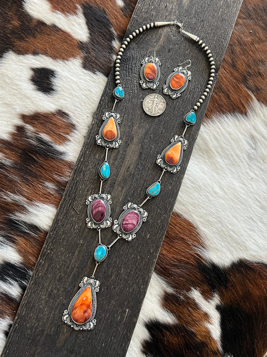Navajo Sterling Silver, Spiny Oyster and Turquoise Link and Bead Necklace and Earrings Set by Derrick Gordon