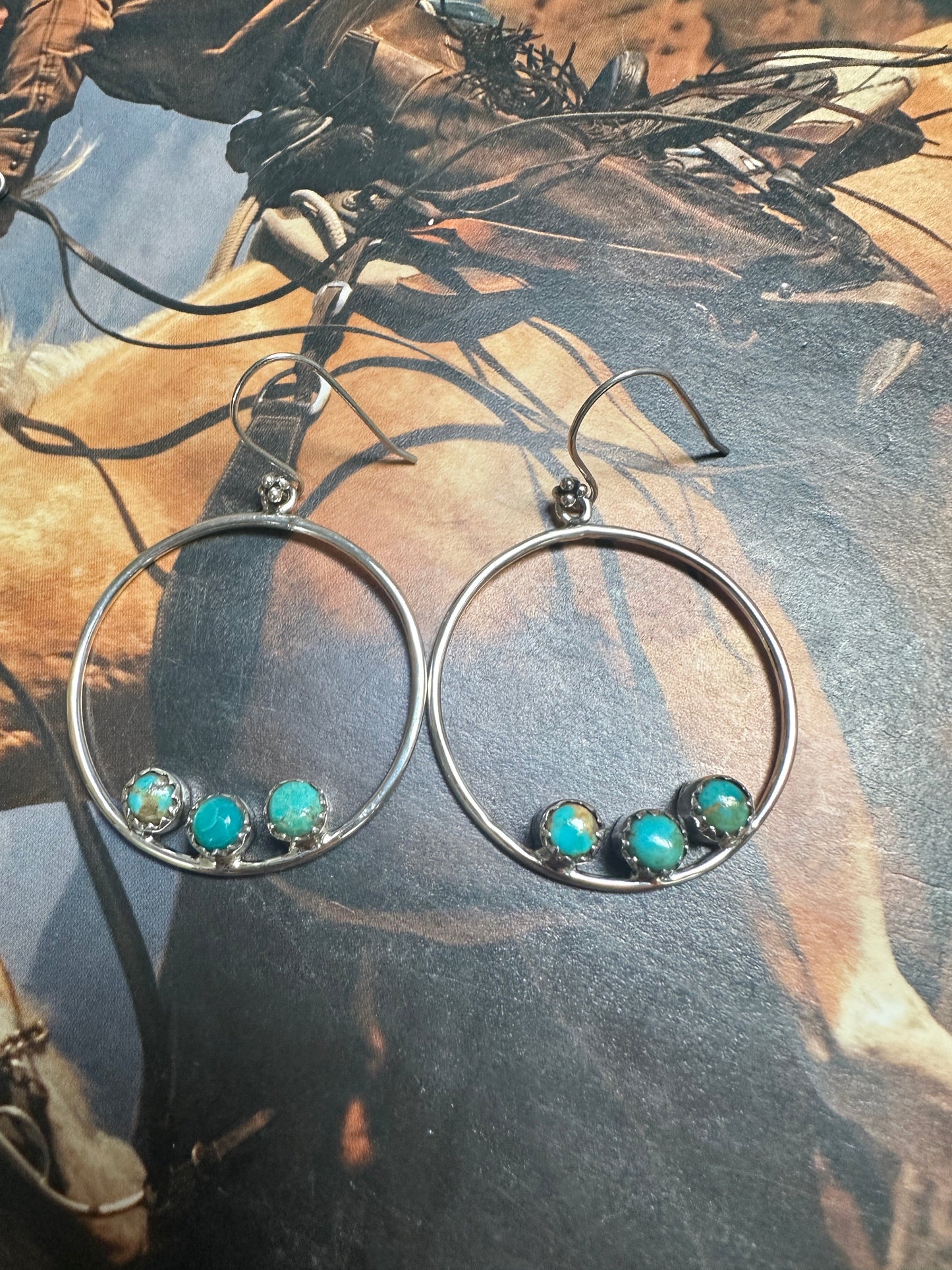 Handmade Turquoise & Sterling Silver 3 Stone Hoop Earrings Signed Nizhoni